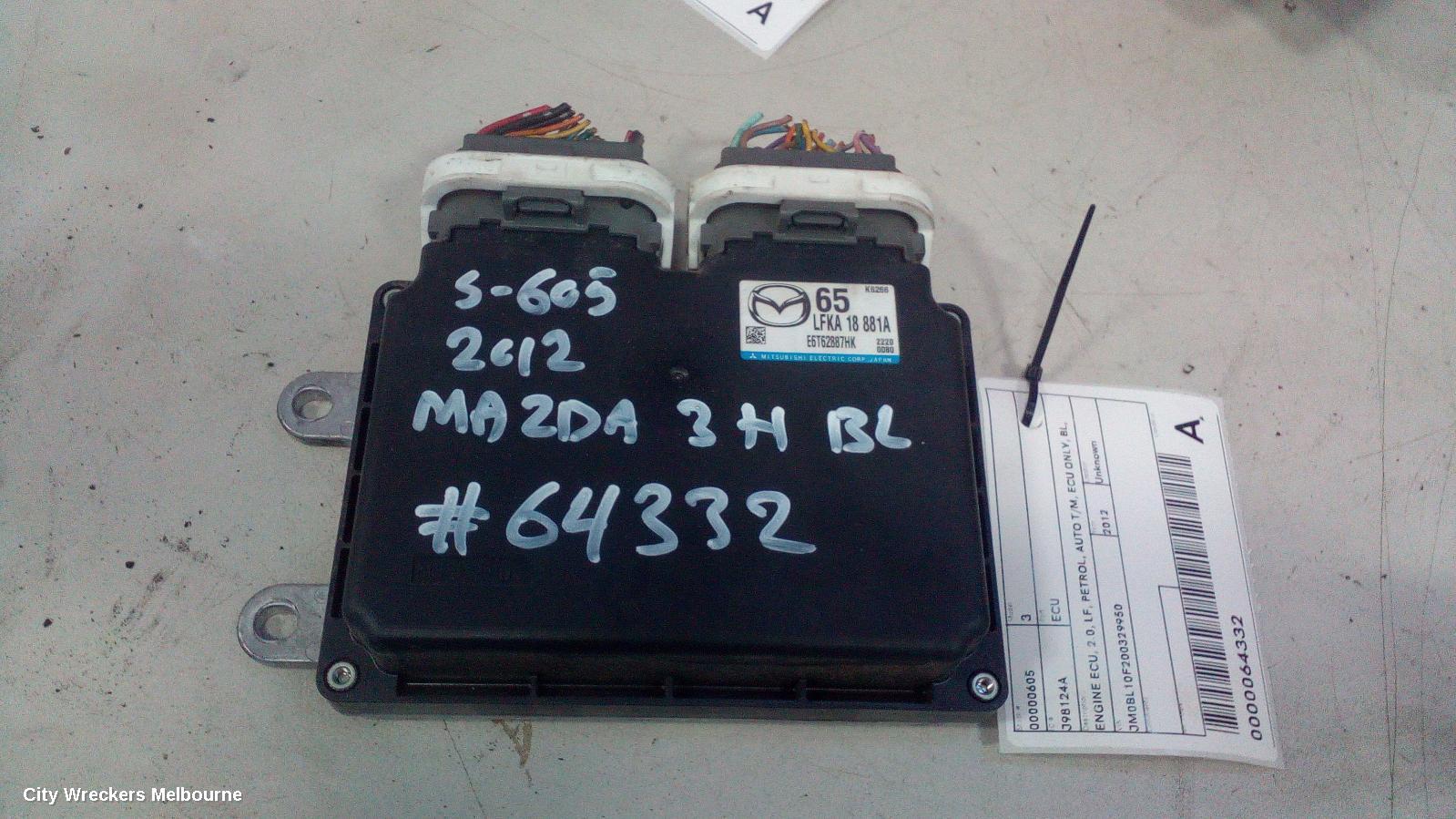 MAZDA 3 ECU, ENGINE ECU, 2.0, LF, PETROL, AUTO T/M, ECU ONLY, BL, 09/2011 - 10/2013