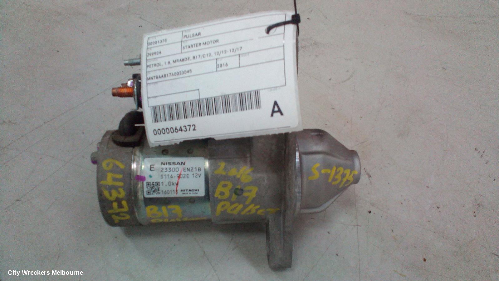 NISSAN PULSAR STARTER, PETROL, 1.8, MRA8DE, B17/C12, 12/2012 - 12/2017