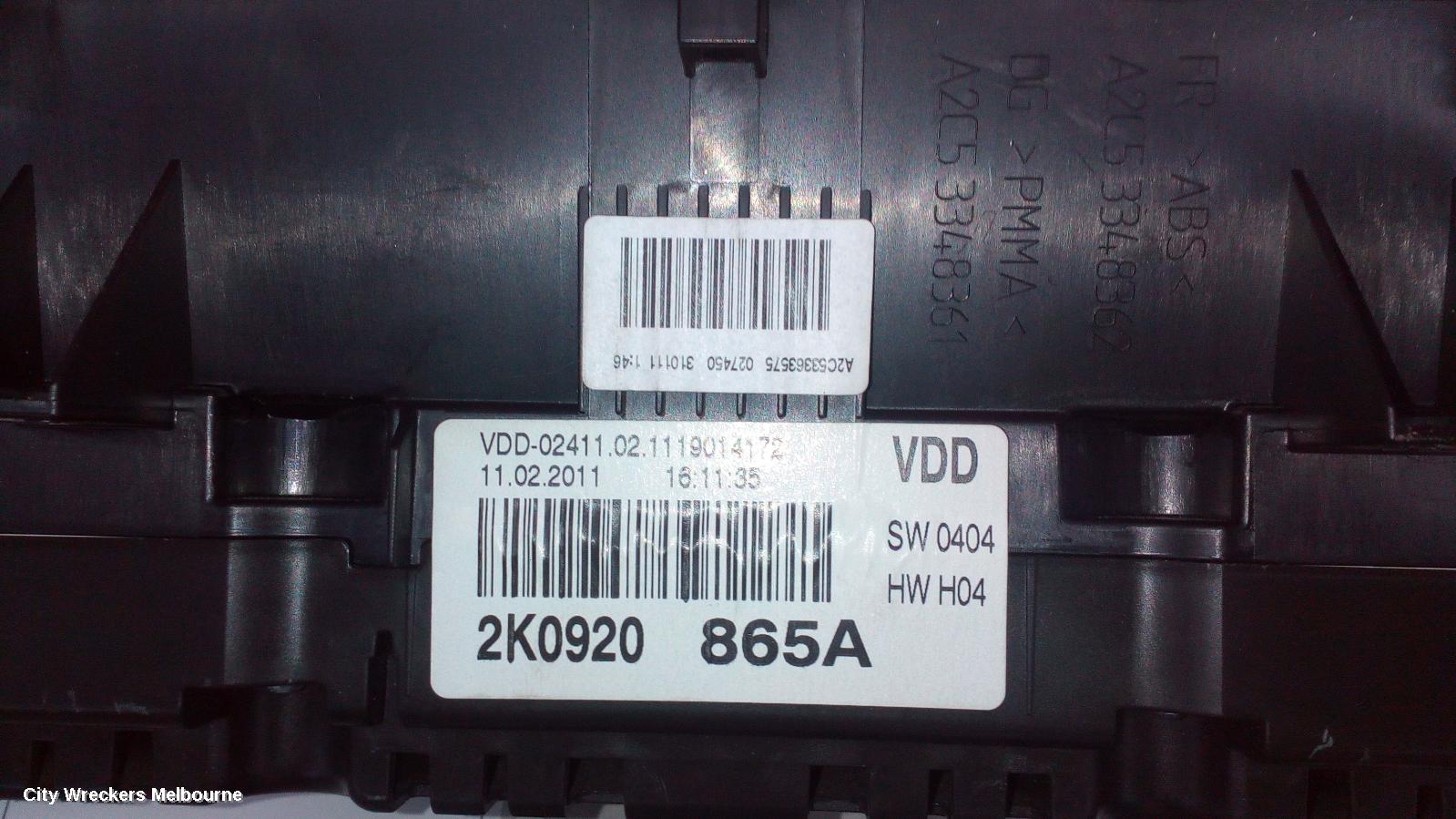 VOLKSWAGEN CADDY INSTRUMENT CLUSTER, P/N 2K0920865AX, 2K, 08/2010 - 06/2015