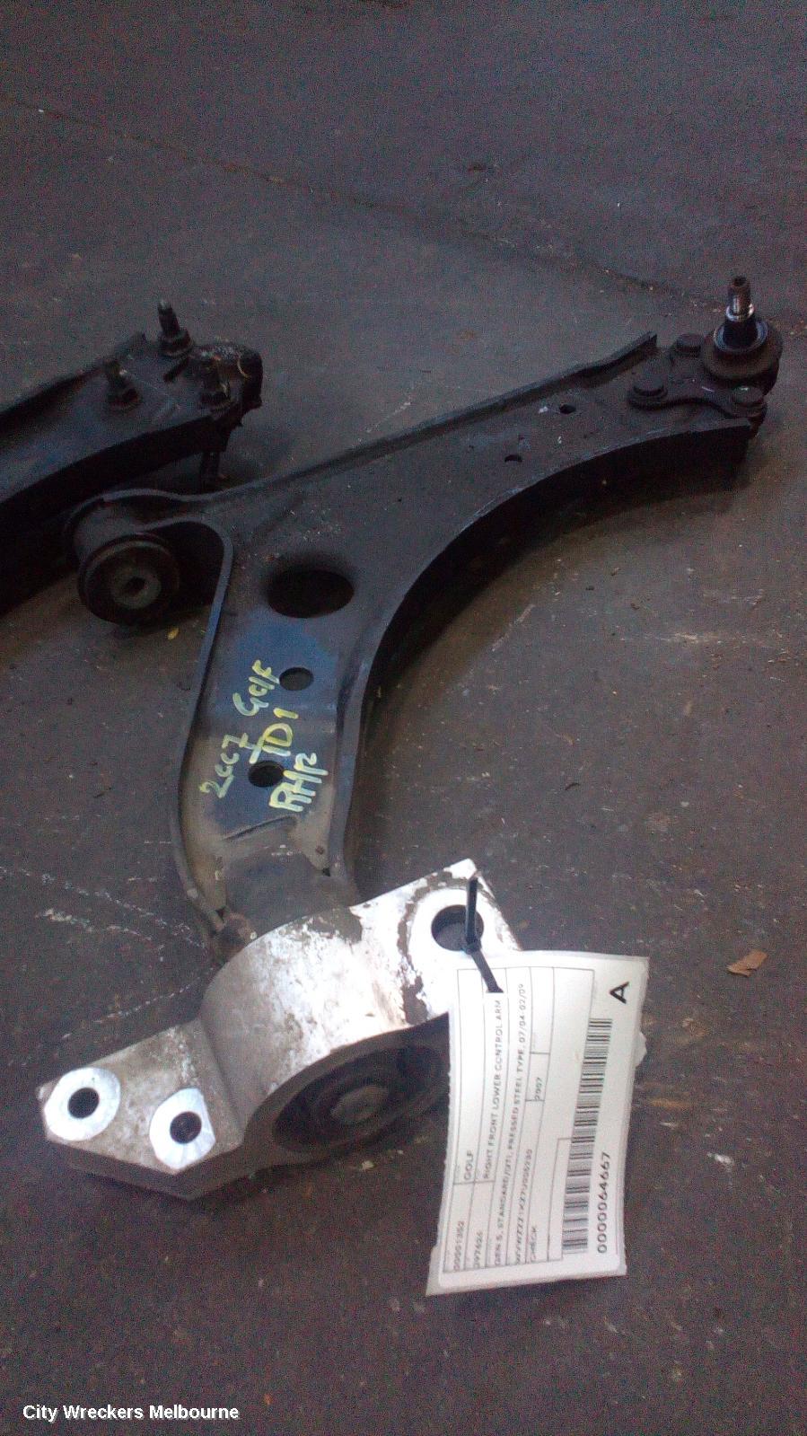 VOLKSWAGEN GOLF RIGHT FRONT LOWER CONTROL ARM, GEN 5, STANDARD/GTI, PRESSED STEEL TYPE, 07/2004 - 02/2009