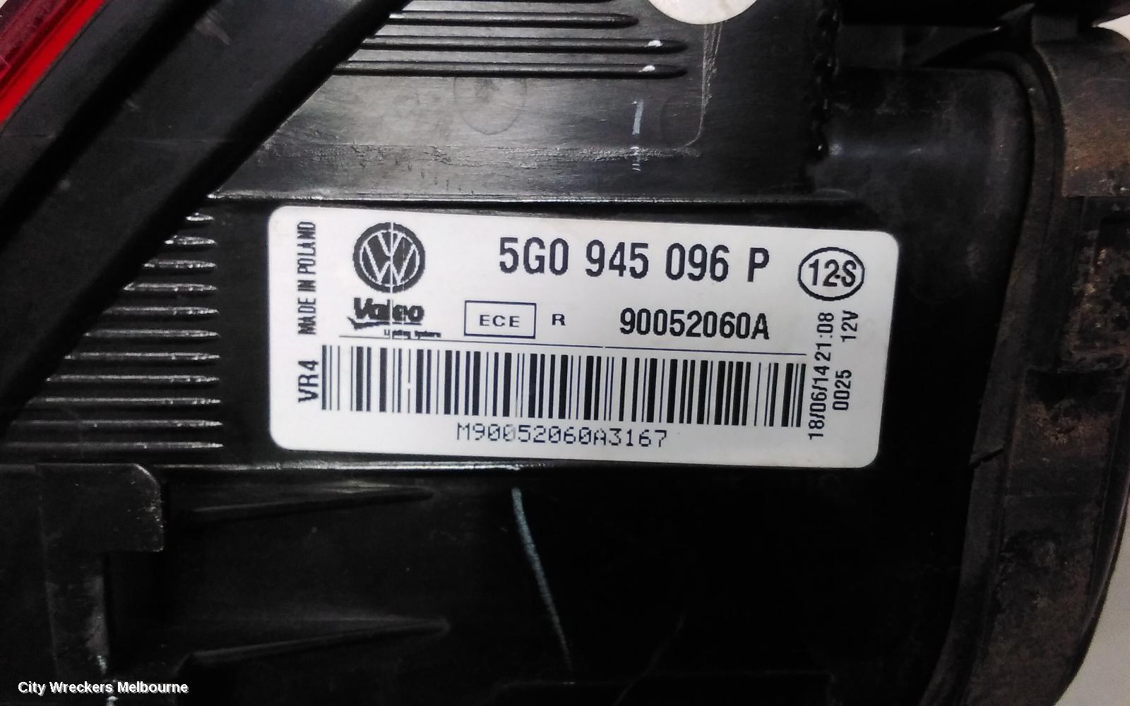 VOLKSWAGEN GOLF RIGHT TAILLIGHT, GEN 7, HATCH, STANDARD, NON LED TYPE, 03/2013 - 03/2017