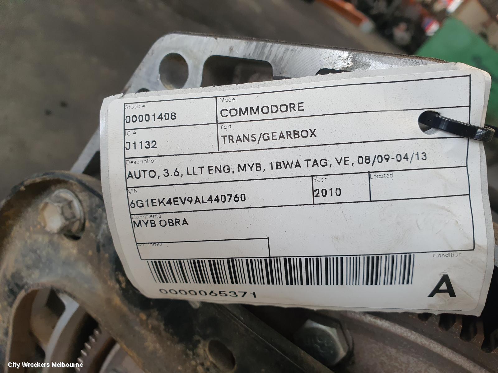 HOLDEN COMMODORE TRANS/GEARBOX, AUTO, 3.6, LLT ENG, MYB, 1BWA TAG, VE, 08/2009 - 04/2013