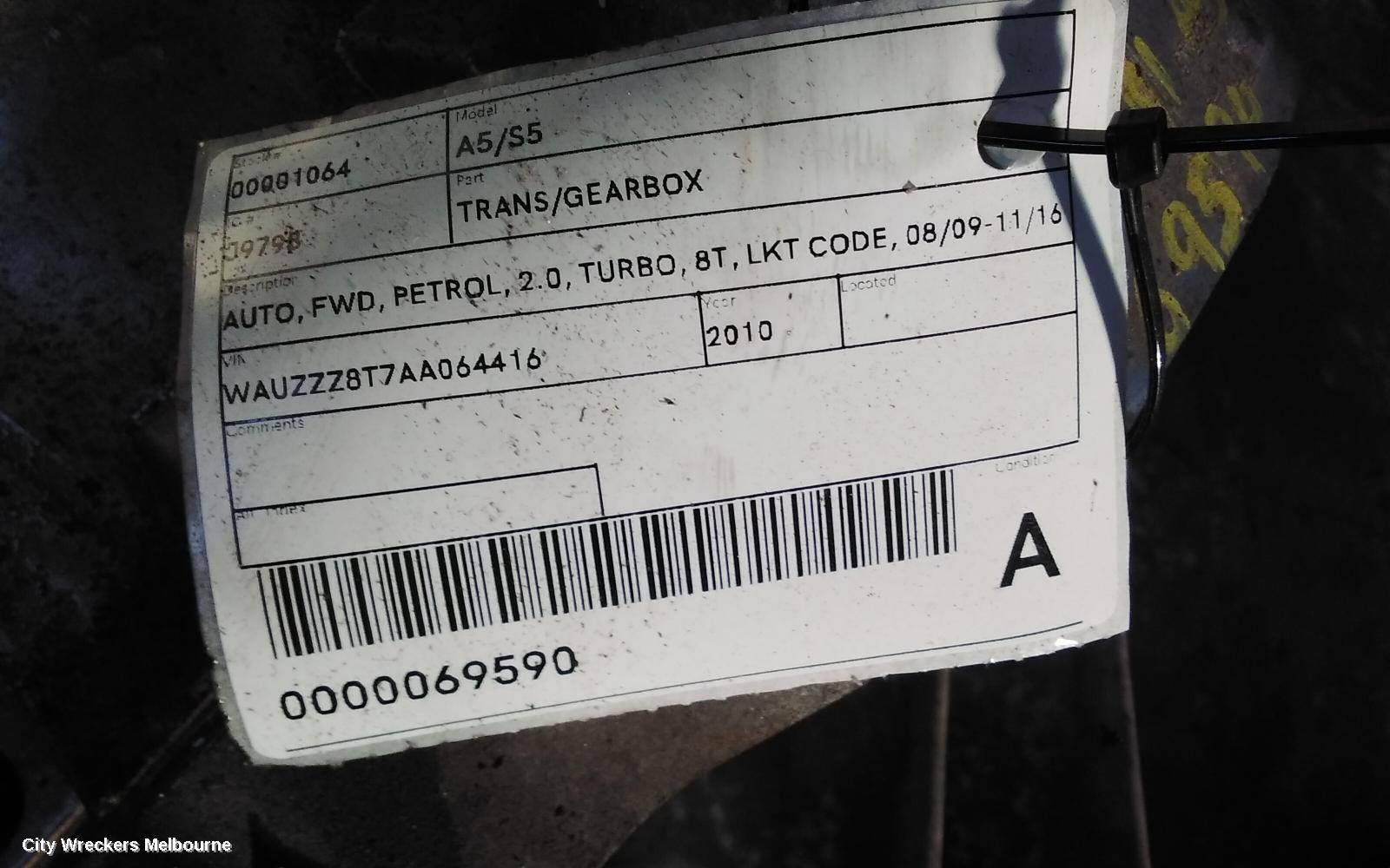 AUDI A5 TRANS/GEARBOX, AUTO, FWD, PETROL, 2.0, TURBO, 8T, LKT CODE, 08/2009 - 11/2016