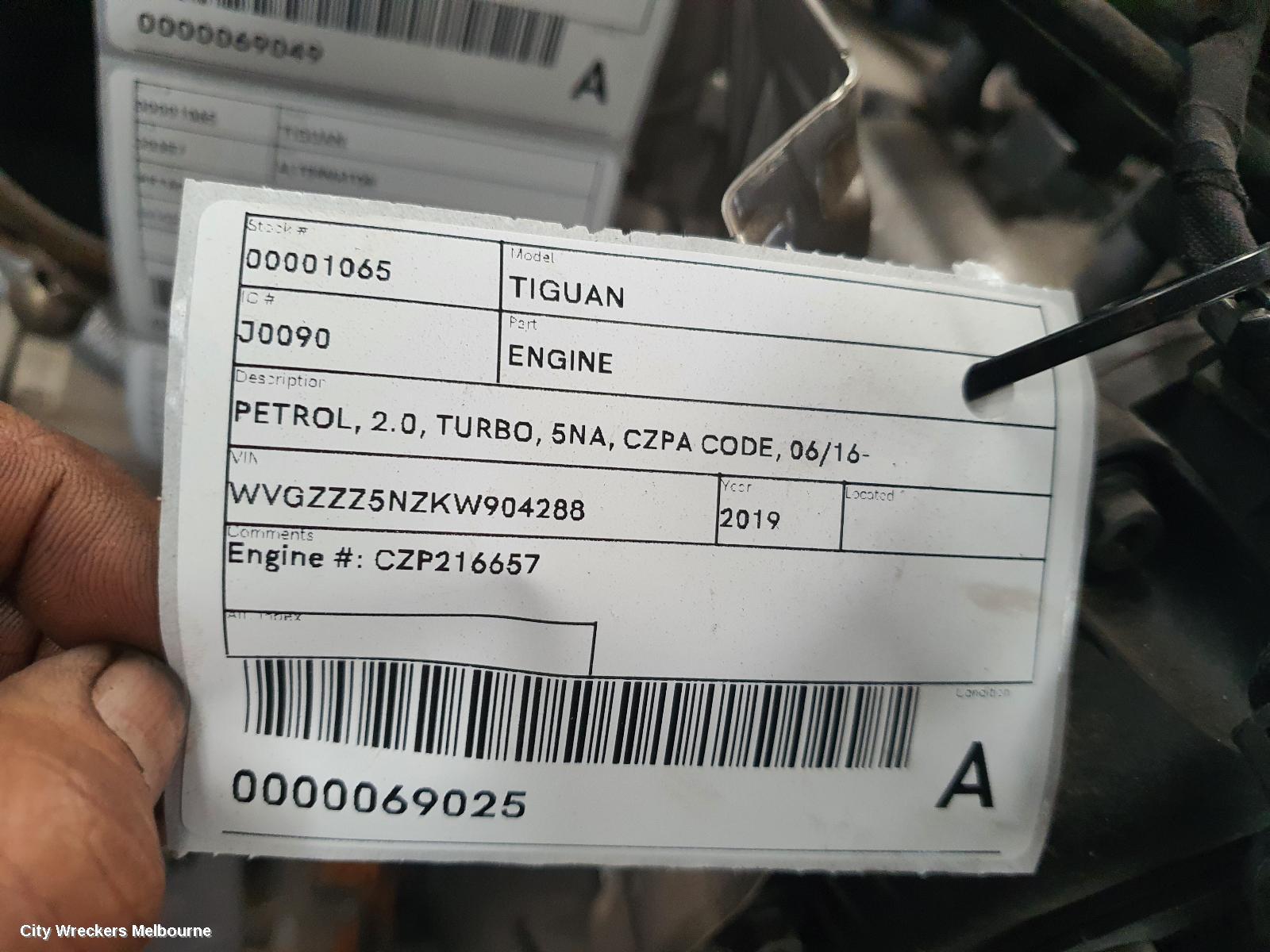 VOLKSWAGEN TIGUAN ENGINE, PETROL, 2.0, TURBO, CZPA CODE, 5NA, 06/2016 ONWARDS