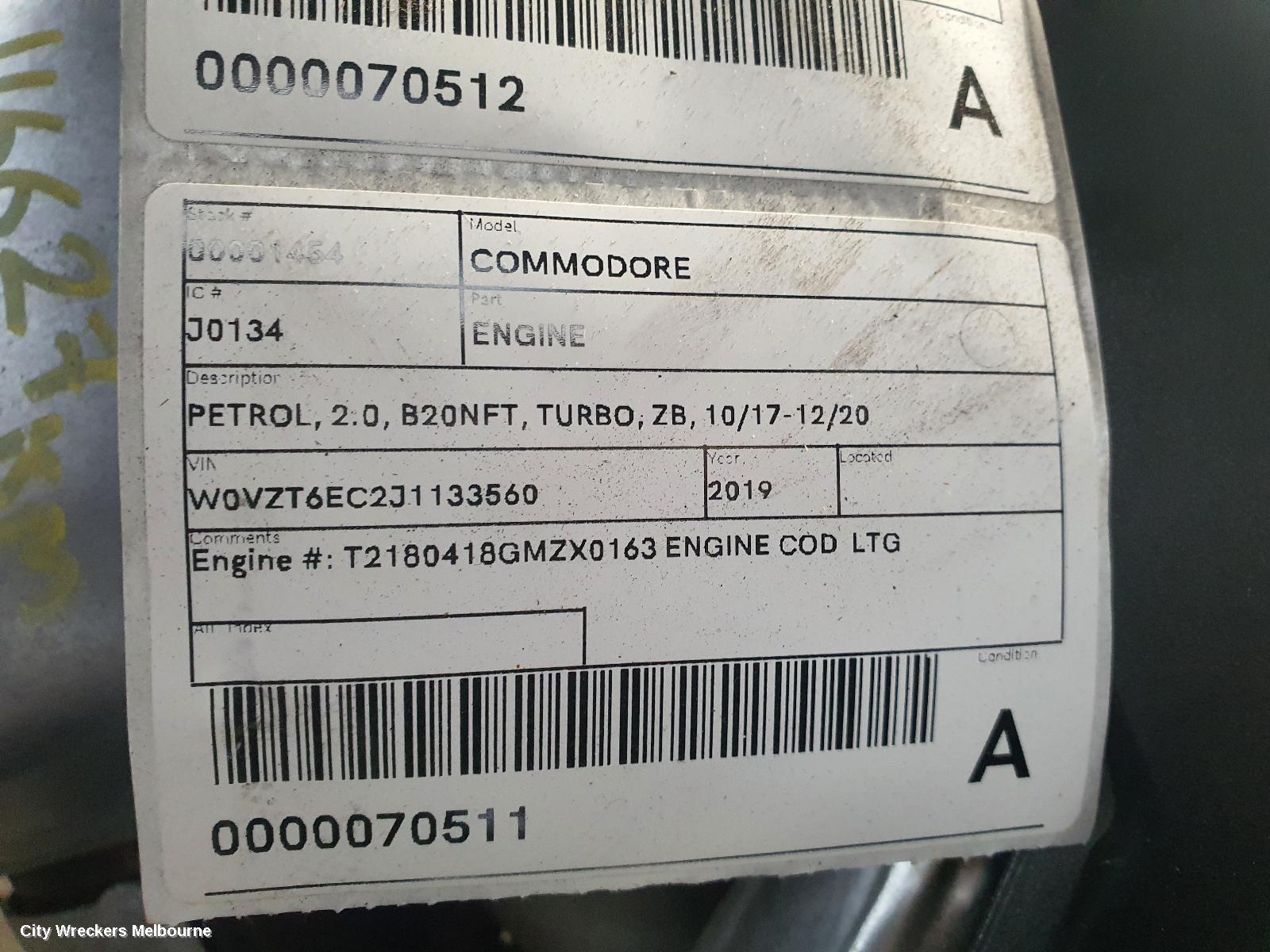 HOLDEN COMMODORE ENGINE, PETROL, 2.0, B20NFT, TURBO, ZB, 10/2017 - 12/2020