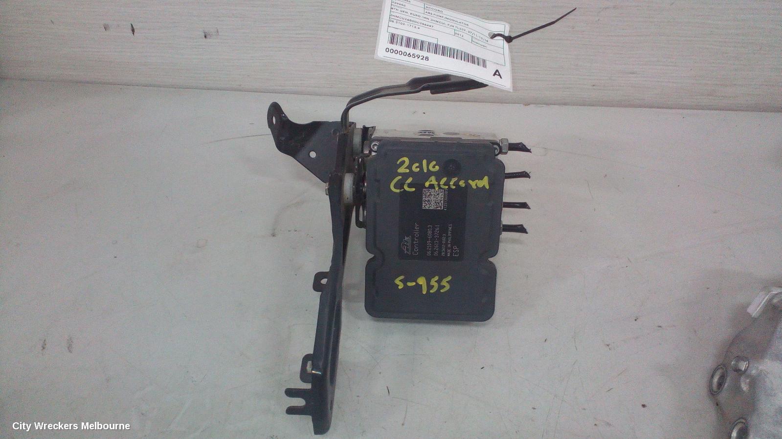 HONDA ACCORD ABS PUMP/MODULATOR, 8TH GEN, EURO (VIN JHMCU), P/N TL3J2, 07/2011 - 12/2015