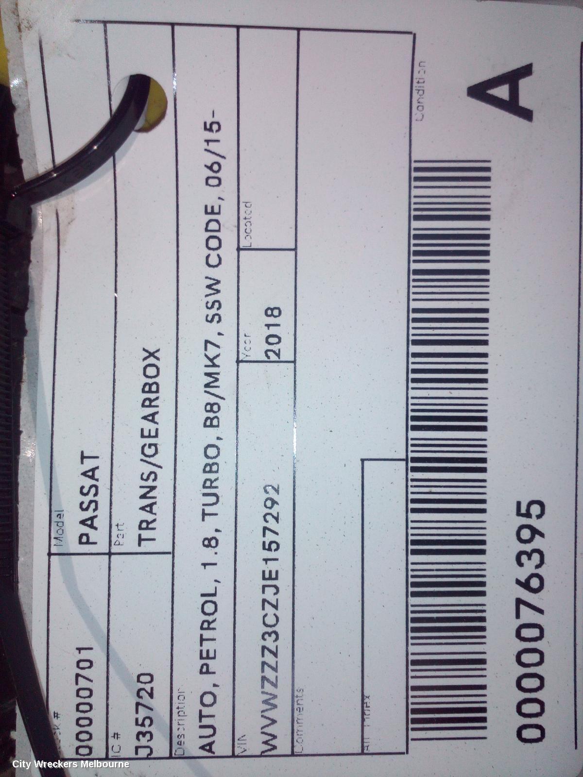 VOLKSWAGEN PASSAT TRANS/GEARBOX, AUTO, PETROL, 1.8, TURBO, B8/MK7, SSW CODE, 06/2015 - 10/2019