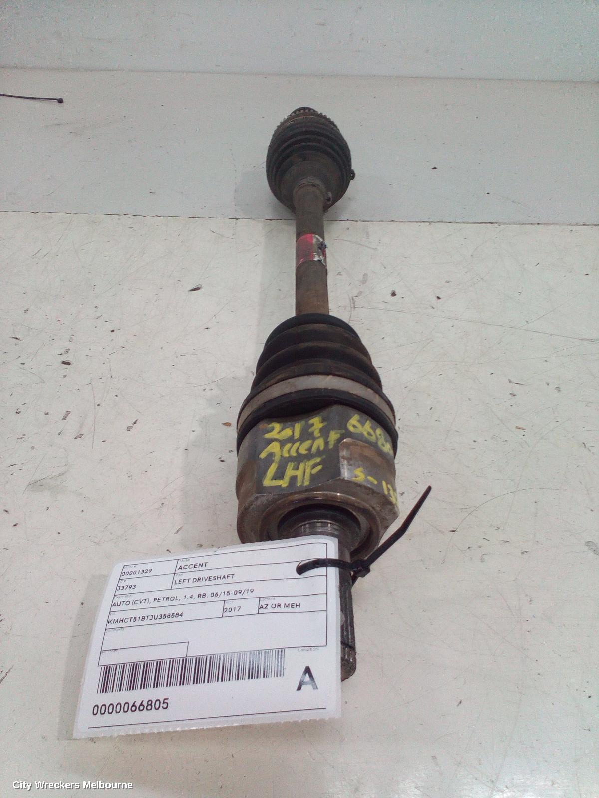 HYUNDAI ACCENT LEFT DRIVESHAFT, AUTO (CVT), PETROL, 1.4, RB, 06/2015 - 09/2019
