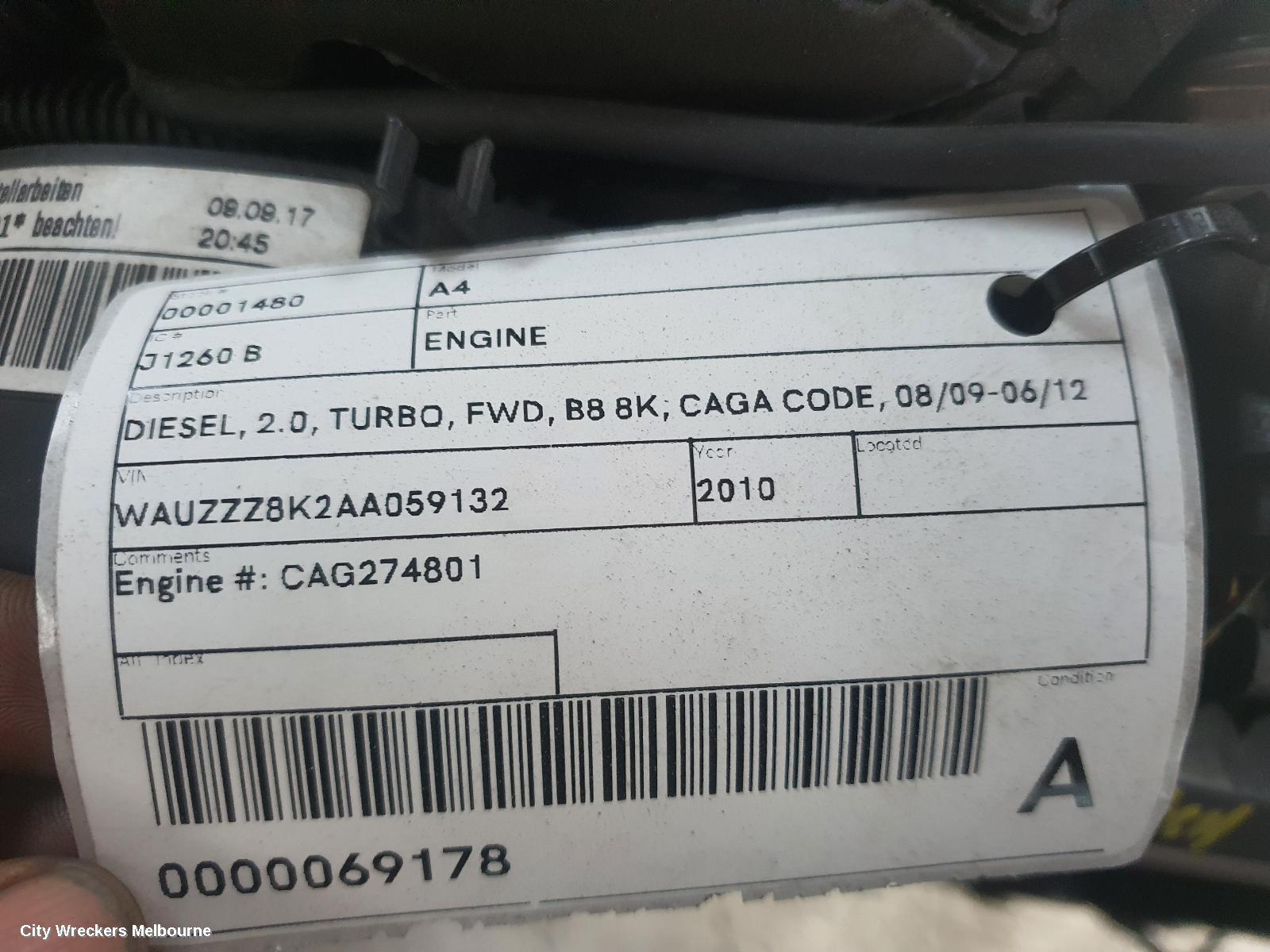 AUDI A4 ENGINE, DIESEL, 2.0, TURBO, FWD, B8 8K, CAGA CODE, 08/2009 - 06/2012