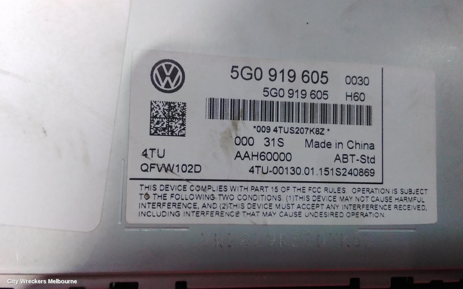 VOLKSWAGEN GOLF RADIO/CD/DVD/SAT/TV, DISPLAY SCREEN, 5.8IN, NON SAT NAV TYPE, GEN 7, 03/2013 - 03/2017