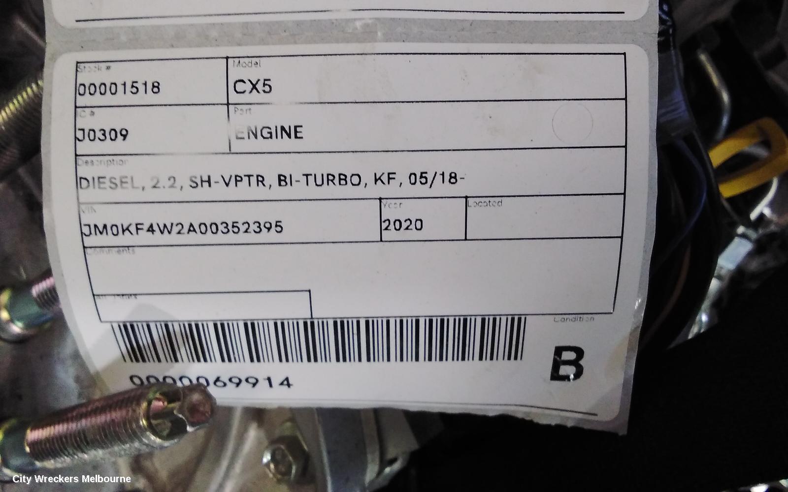 MAZDA CX5 ENGINE, DIESEL, 2.2, SH-VPTR, BI-TURBO, KF, 05/2018 ONWARDS