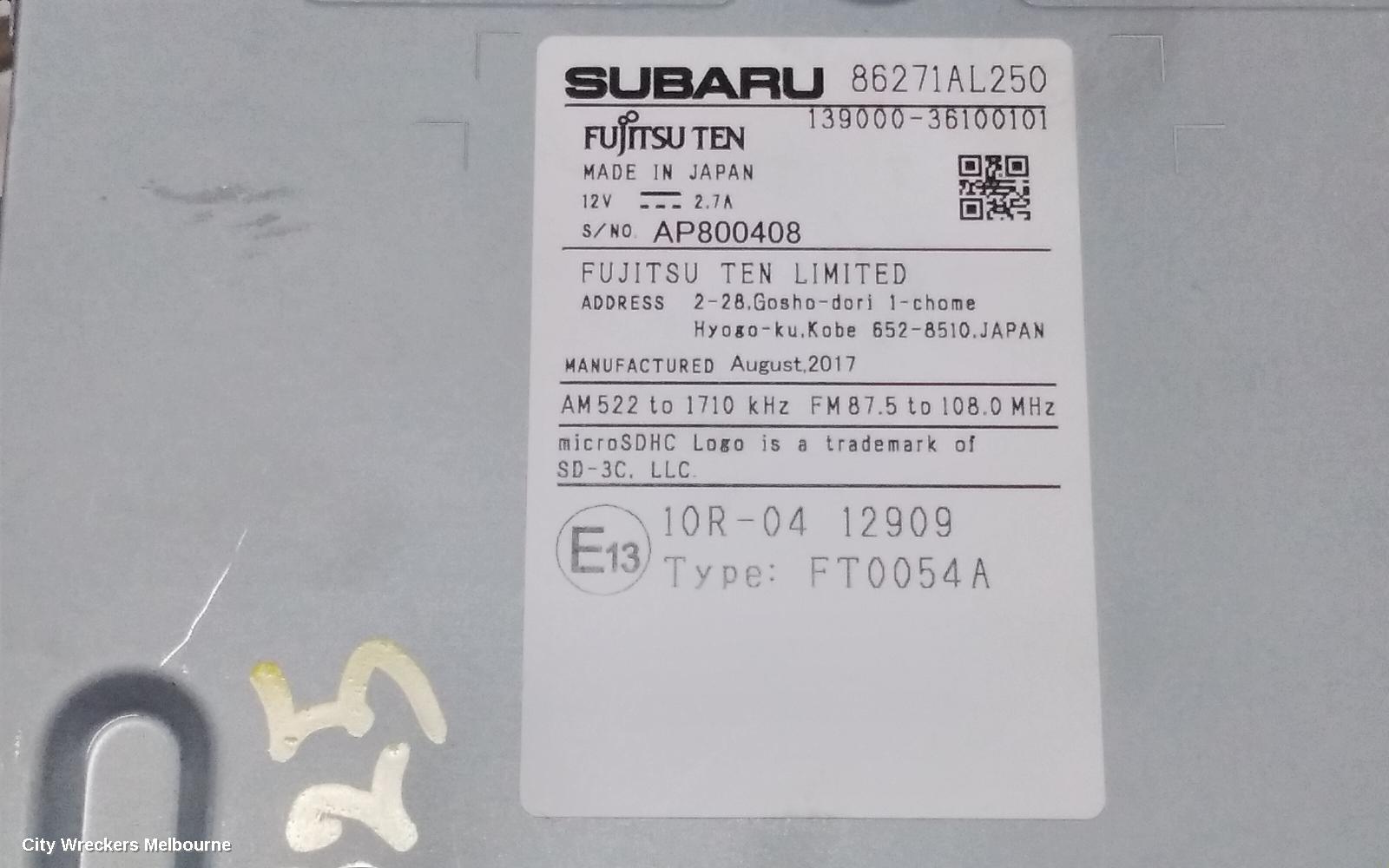 SUBARU OUTBACK RADIO/CD/DVD/SAT/TV, HEAD UNIT, 7IN SAT NAV TYPE, 6TH GEN, 08/2014 - 12/2017