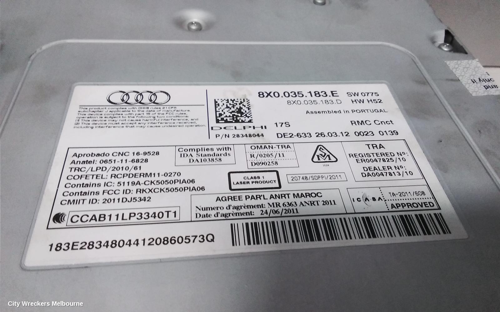AUDI A1 RADIO/CD/DVD/SAT/TV, RADIO CONTROL UNIT, 8X, NON ACTIVE SPEAKER TYPE (P/N 4G0035053E), 11/2011 - 11/2012