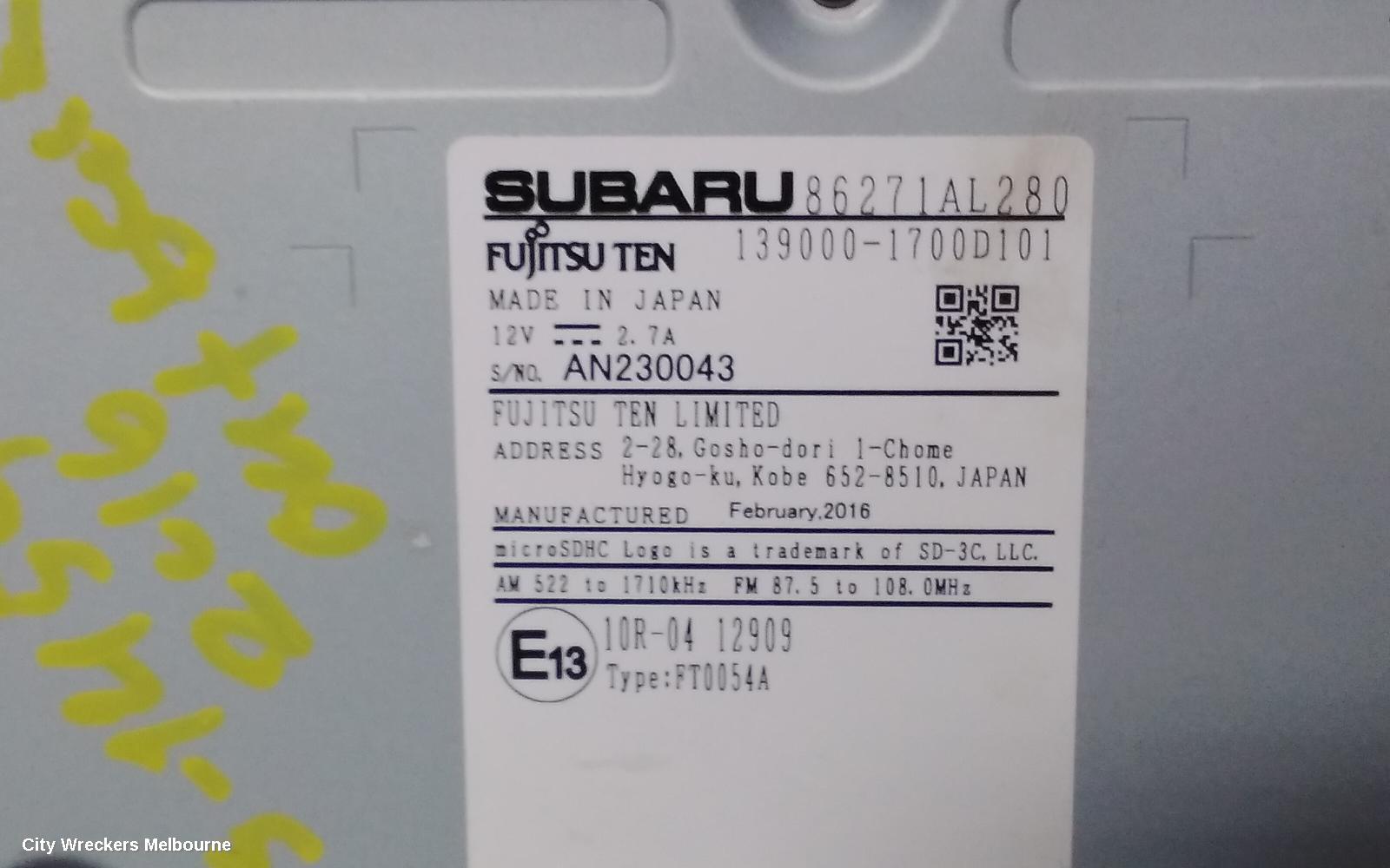 SUBARU OUTBACK RADIO/CD/DVD/SAT/TV, HEAD UNIT, 7IN SAT NAV TYPE, 6TH GEN, 08/2014 - 12/2017