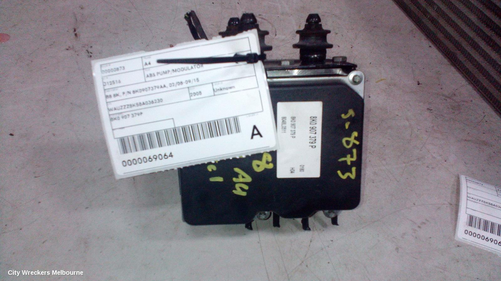 AUDI A4 ABS PUMP/MODULATOR, B8 8K, P/N 8K0907379AA, 02/2008 - 09/2015
