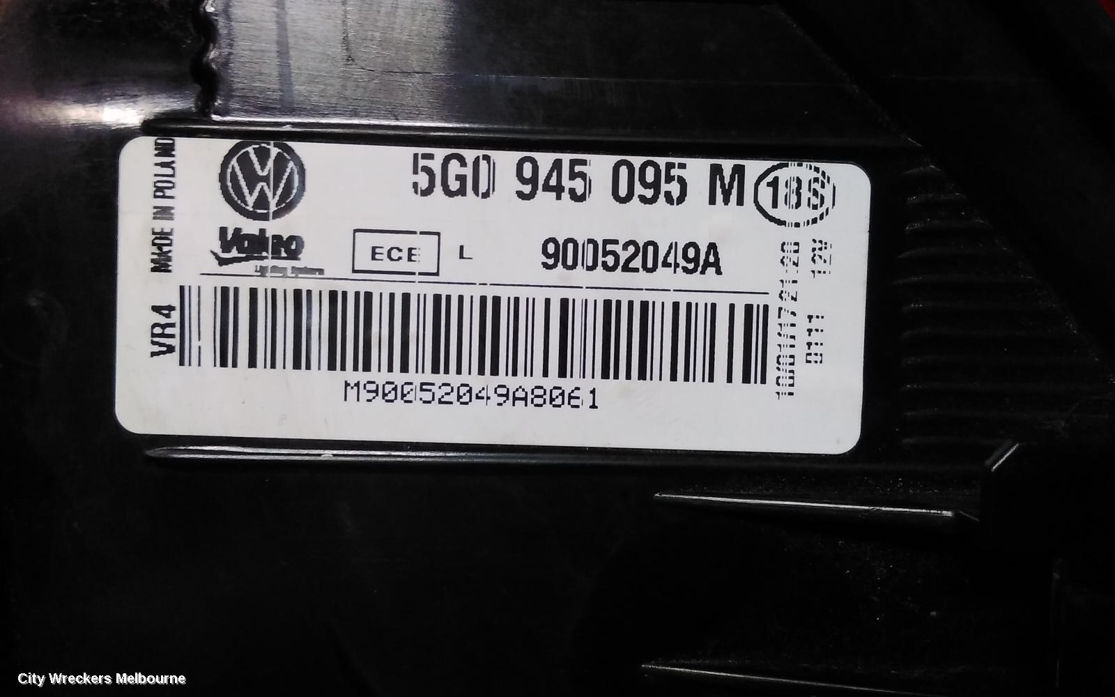 VOLKSWAGEN GOLF LEFT TAILLIGHT, GEN 7, HATCH, STANDARD, NON LED TYPE, 03/2013 - 03/2017