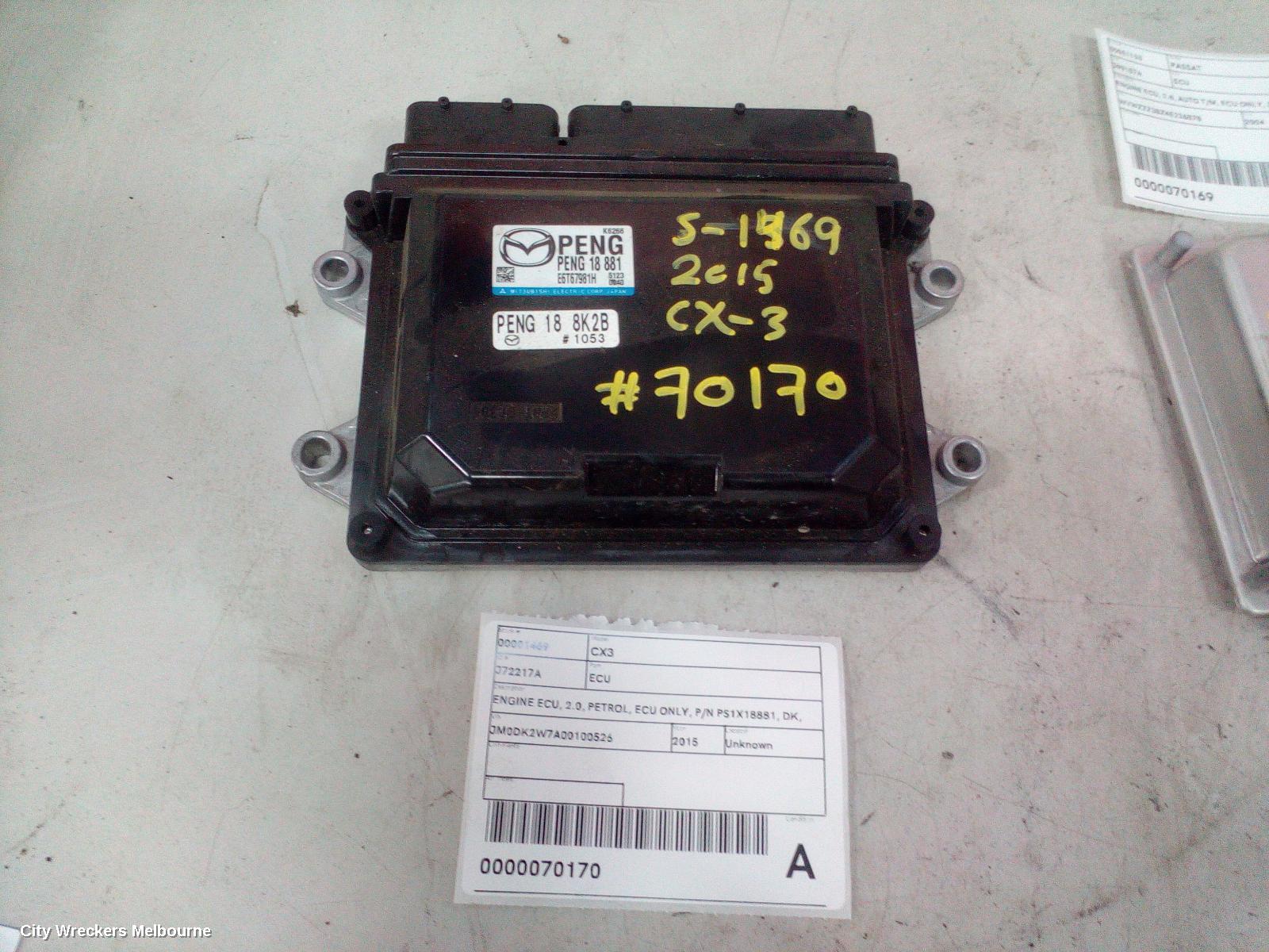 MAZDA CX3 ECU, ENGINE ECU, 2.0, PETROL, ECU ONLY, P/N PS1X18881, DK, 03/2015 ONWARDS
