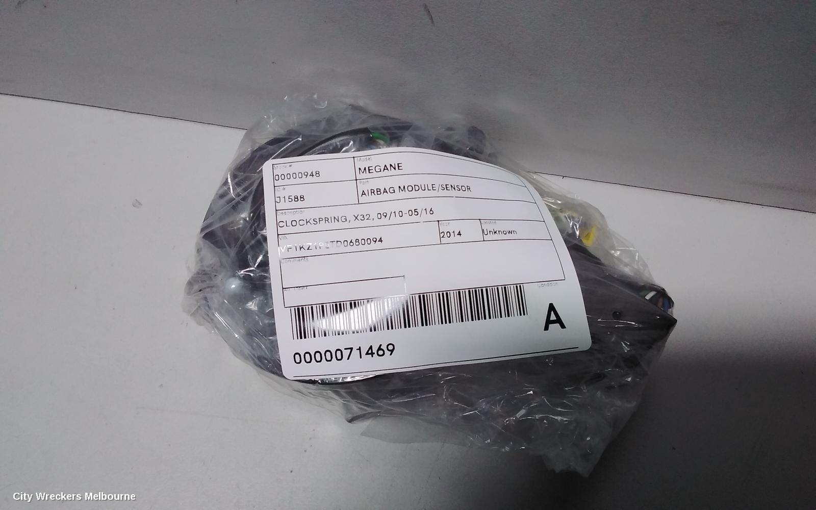 RENAULT MEGANE AIRBAG MODULE/SENSOR, CLOCKSPRING, X32, 09/2010 - 05/2016