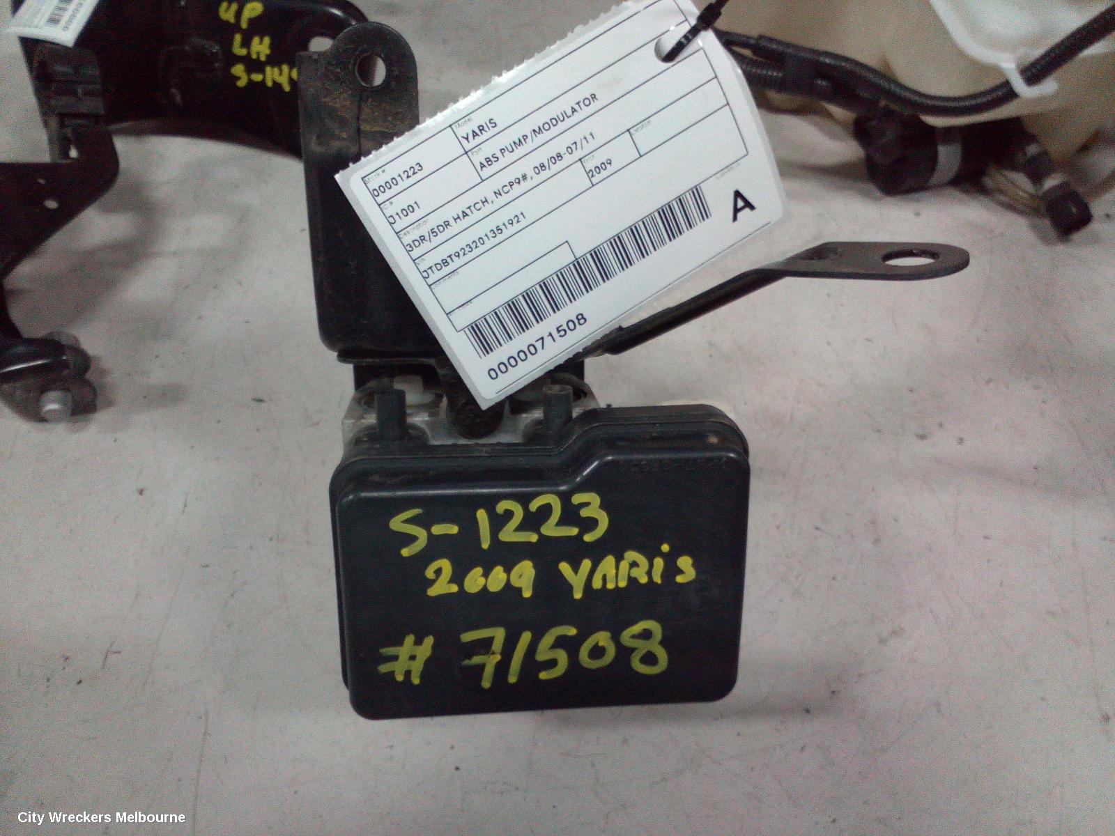 TOYOTA YARIS ABS PUMP/MODULATOR, 3DR/5DR HATCH, NCP9#, 08/2008 - 07/2011