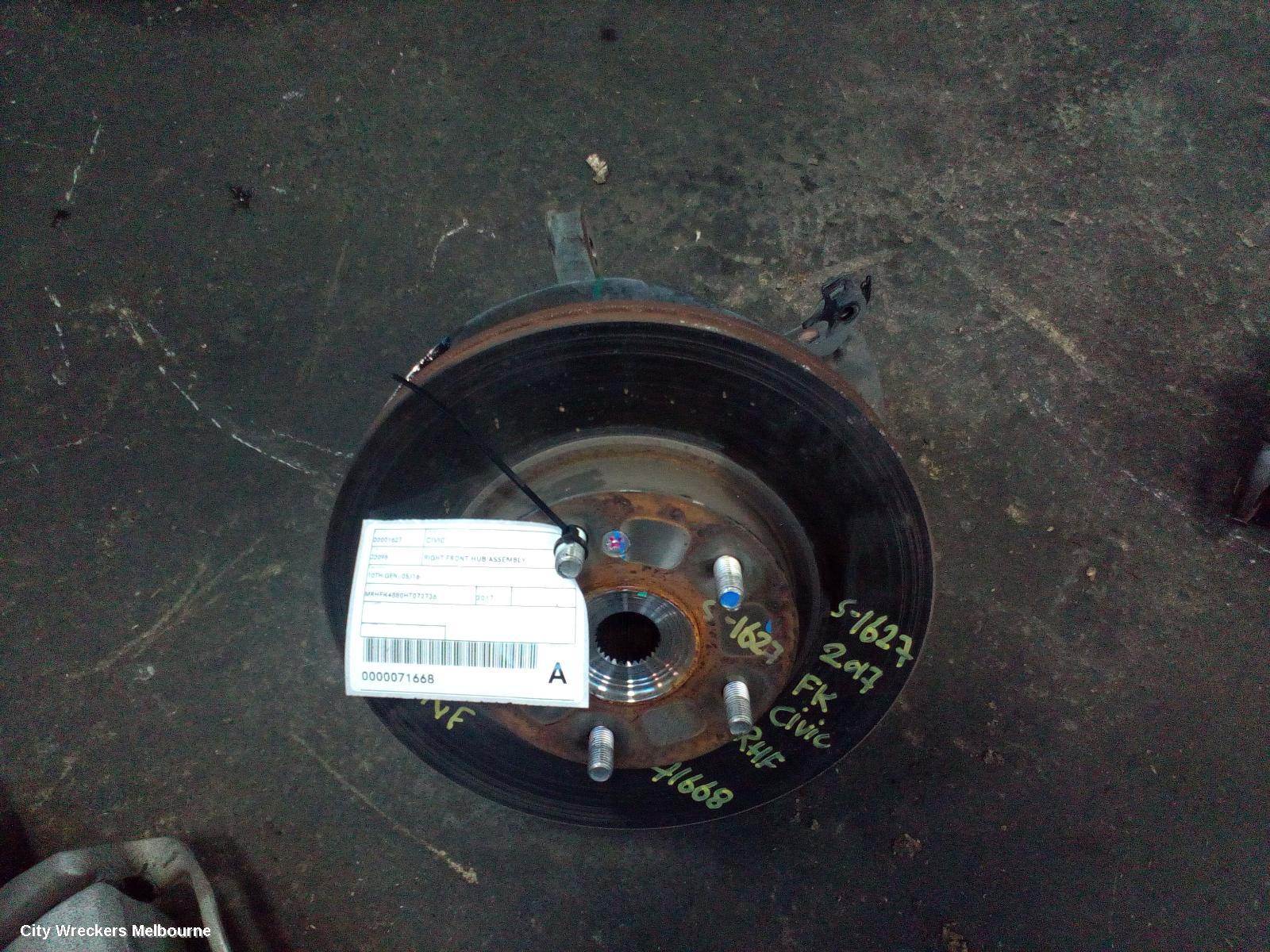 HONDA CIVIC RIGHT FRONT HUB ASSEMBLY, 10TH GEN, SEDAN/HATCH, 1.5, TURBO, 05/2016 - 08/2021