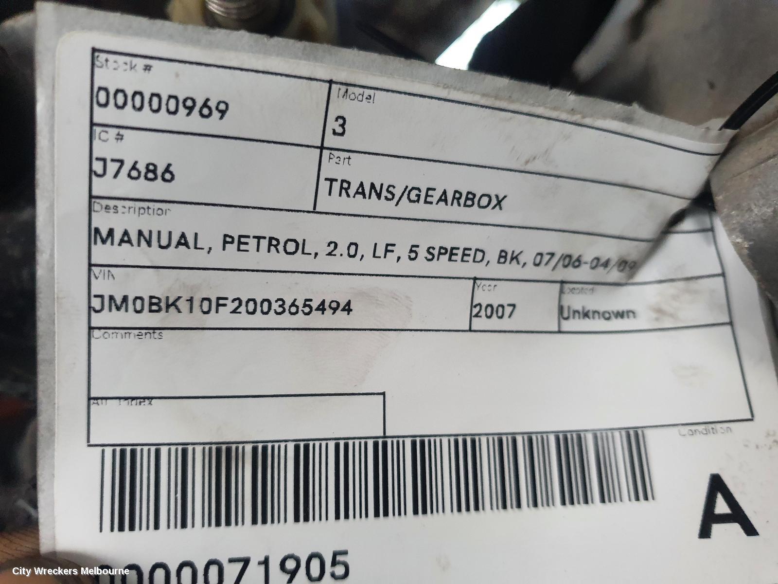 MAZDA 3 TRANS/GEARBOX, MANUAL, PETROL, 2.0, LF, 5 SPEED, BK, 07/2006 - 04/2009