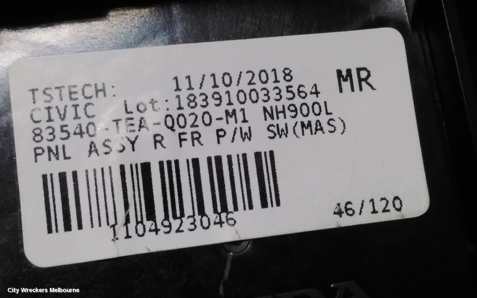 HONDA CIVIC PWR DR WIND SWITCH, RH FRONT (MASTER SWITCH), HATCH, MANUAL FOLD TYPE, 10TH GEN, 05/2016 - 08/2021