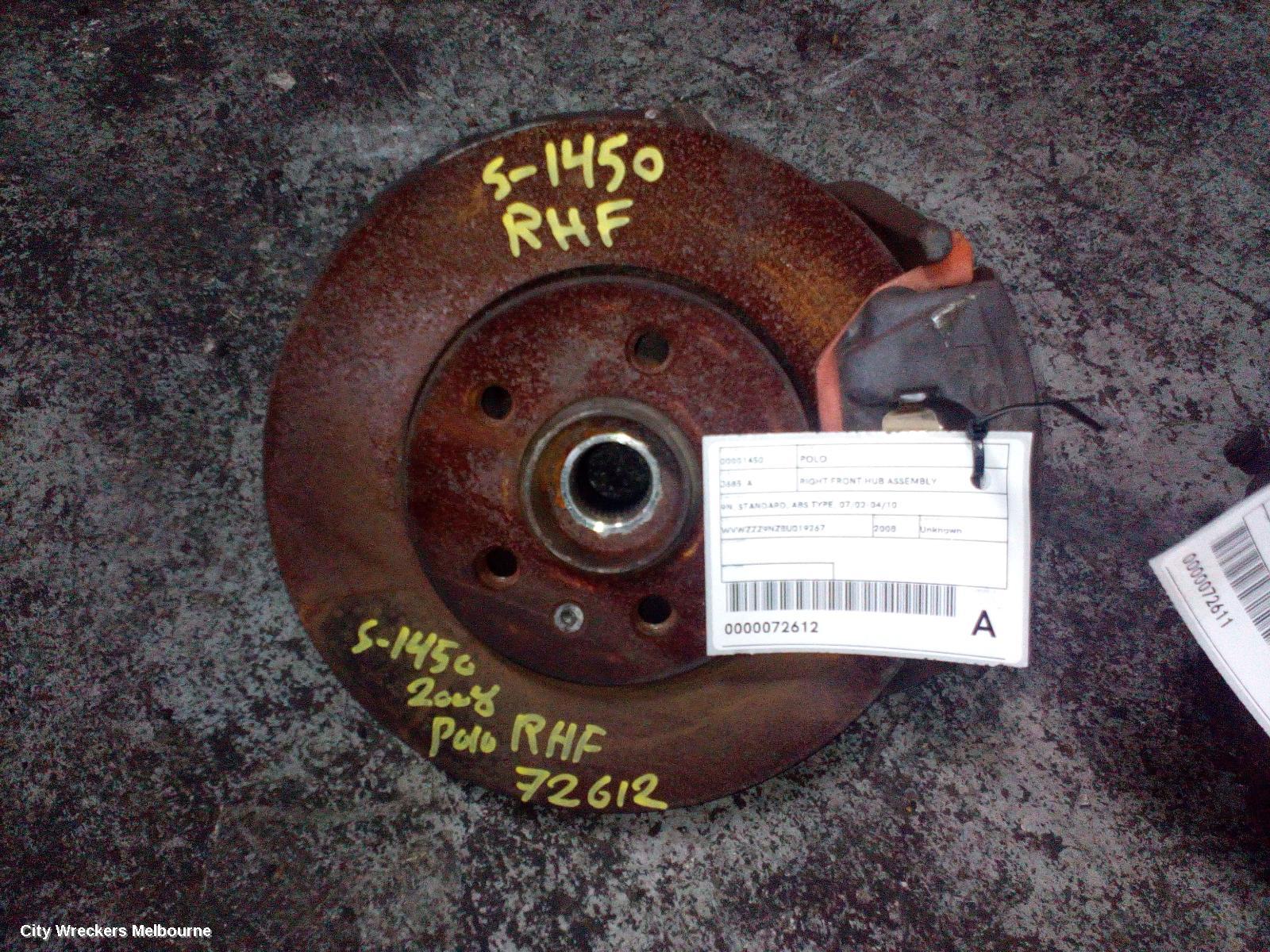 VOLKSWAGEN POLO RIGHT FRONT HUB ASSEMBLY, 9N, STANDARD, NON ABS TYPE, 07/2002 - 04/2010