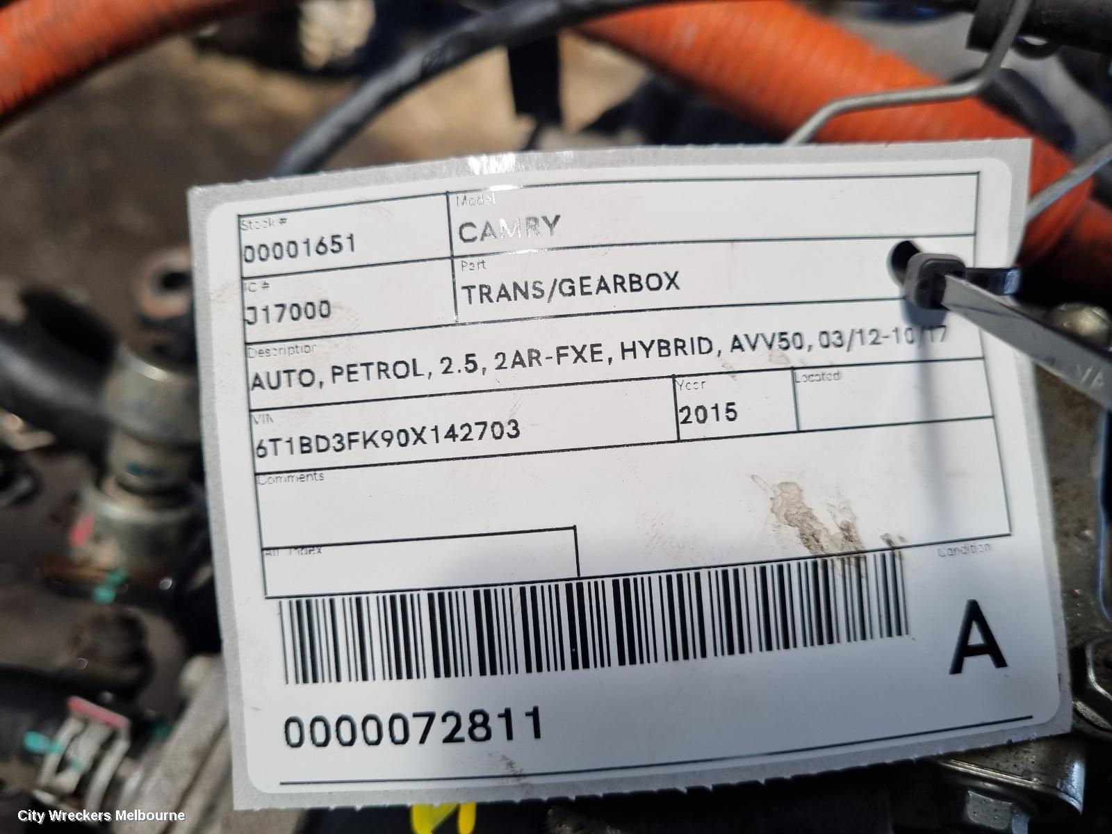 TOYOTA CAMRY TRANS/GEARBOX, AUTO, PETROL, 2.5, 2AR-FXE, HYBRID, AVV50, 03/2012 - 10/2017