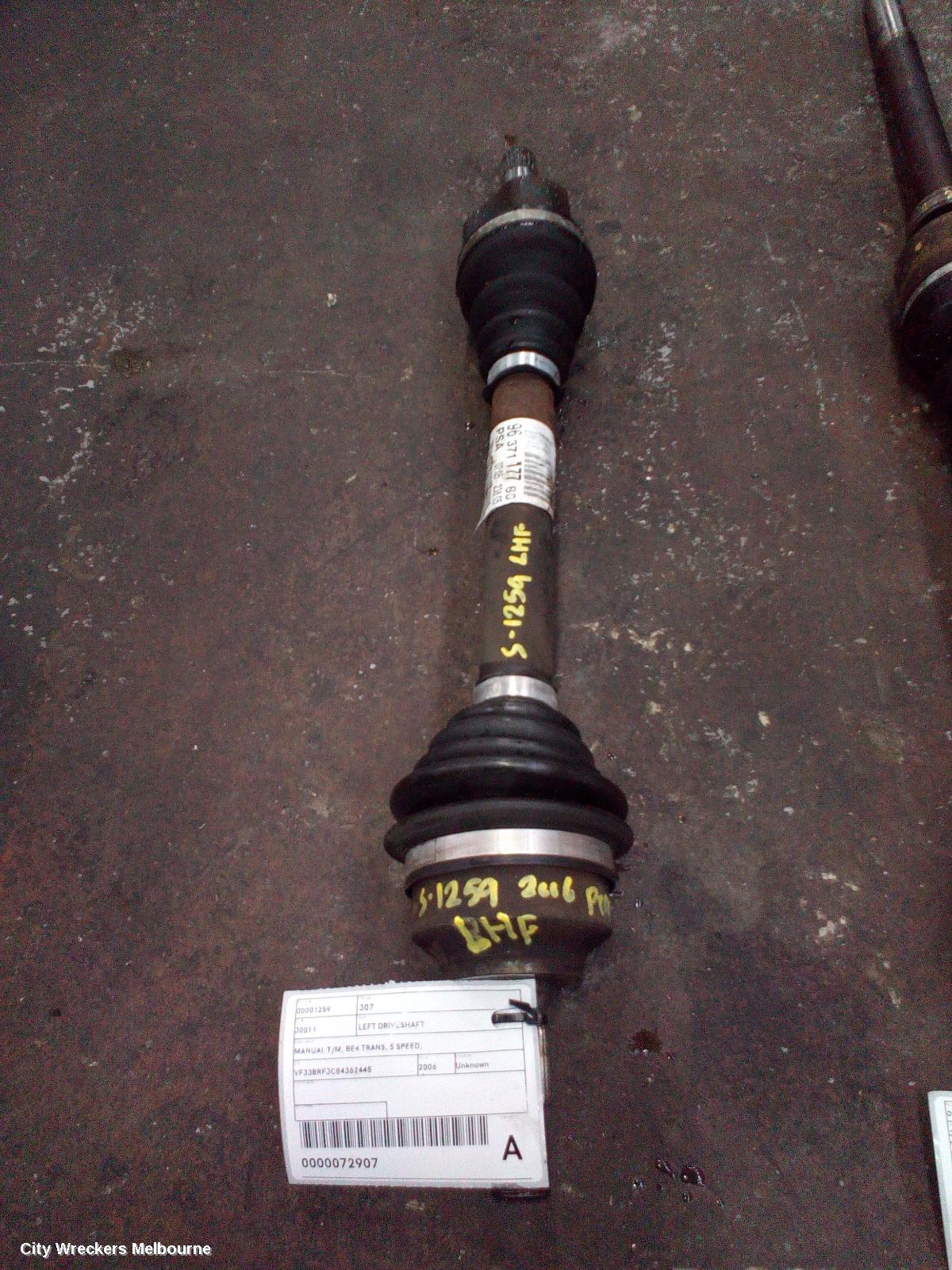 PEUGEOT 307 LEFT DRIVESHAFT, MANUAL T/M, BE4 TRANS, 5 SPEED, RFNB/RFNC/RFKC/NFUK/RHYB/9HZC/RFJC, T5-T6, 12/2001 - 12/2009
