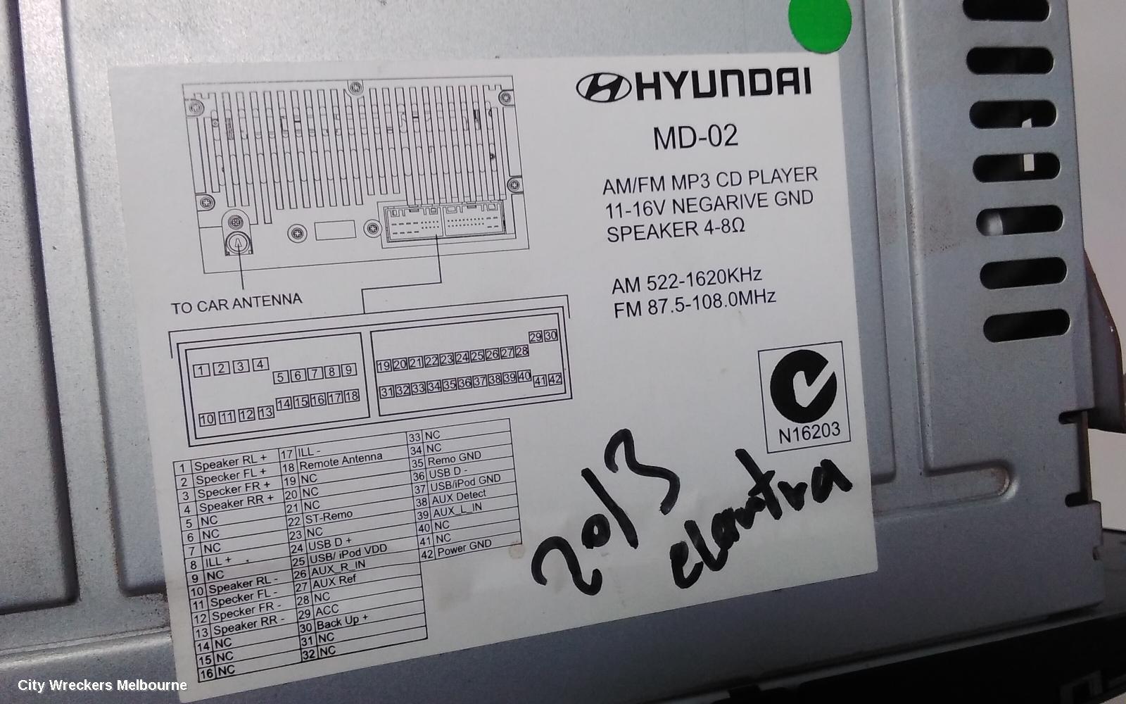 HYUNDAI ELANTRA RADIO/CD/DVD/SAT/TV, LARGE COLOUR DISPLAY SCREEN, DUAL KNOB TYPE, MD, 10/2013 - 11/2015