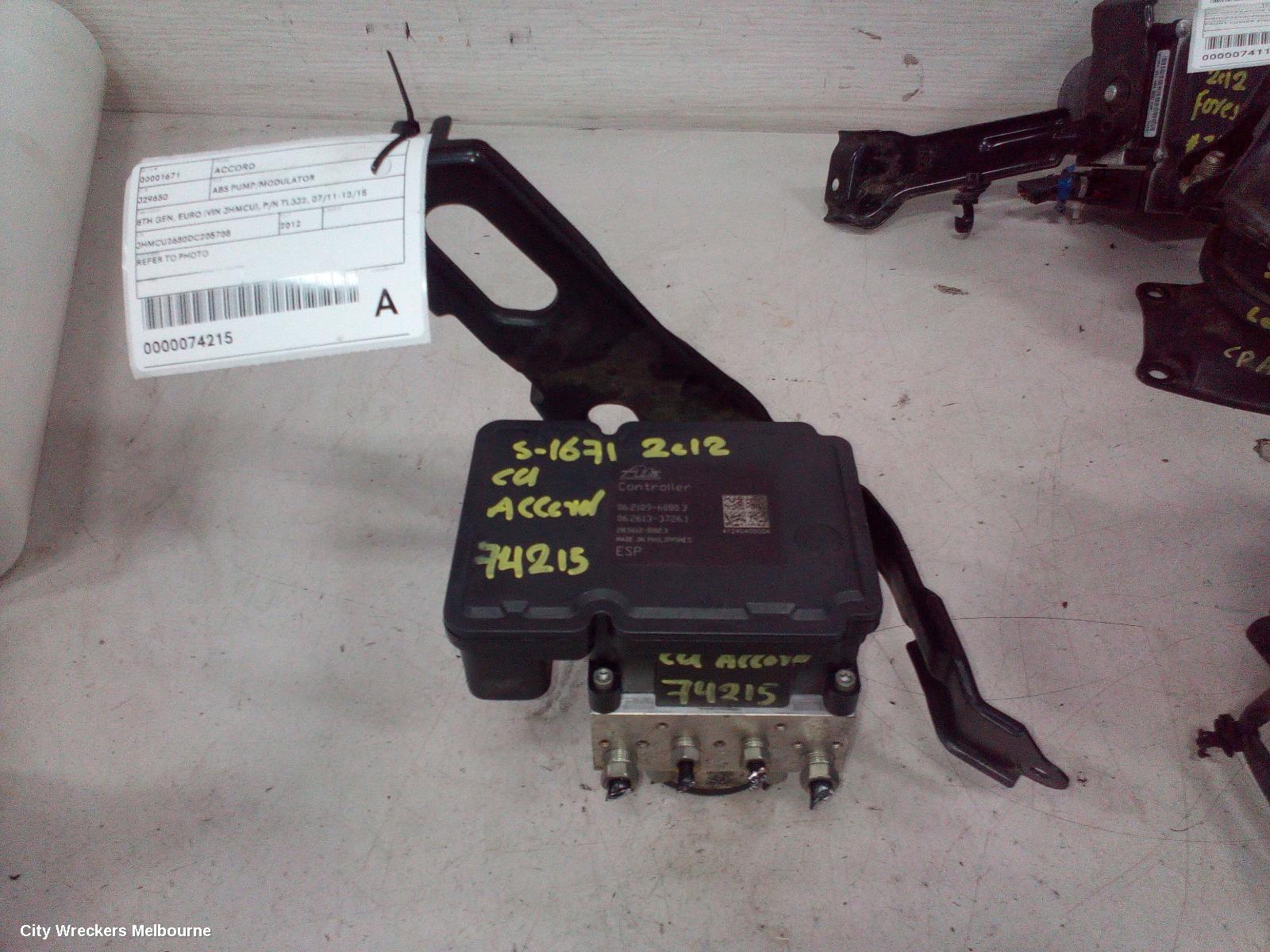 HONDA ACCORD ABS PUMP/MODULATOR, 8TH GEN, EURO (VIN JHMCU), P/N TL3Q3, 07/2011 - 12/2015