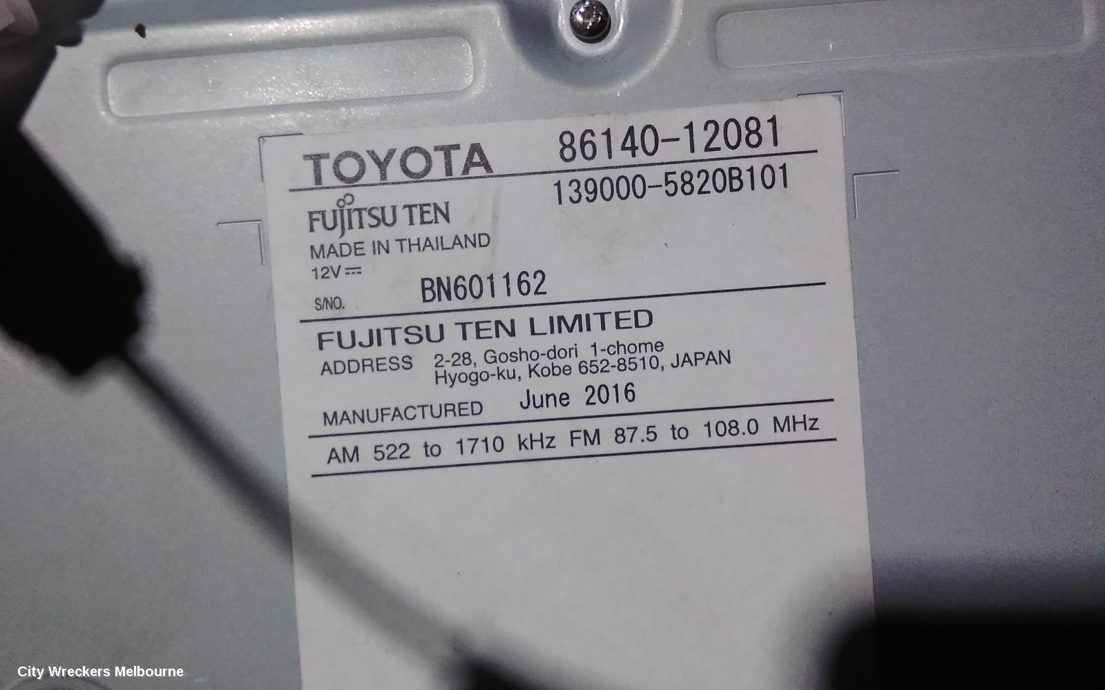 TOYOTA COROLLA RADIO/CD/DVD/SAT/TV, 7IN TOUCHSCREEN (P/N ON FACE 100522), ZRE182R, HATCH, 03/2015 - 06/2018