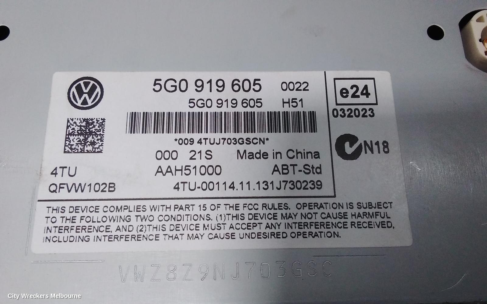 VOLKSWAGEN GOLF RADIO/CD/DVD/SAT/TV, DISPLAY SCREEN, 5.8IN, NON SAT NAV TYPE, GEN 7, 03/2013 - 03/2017
