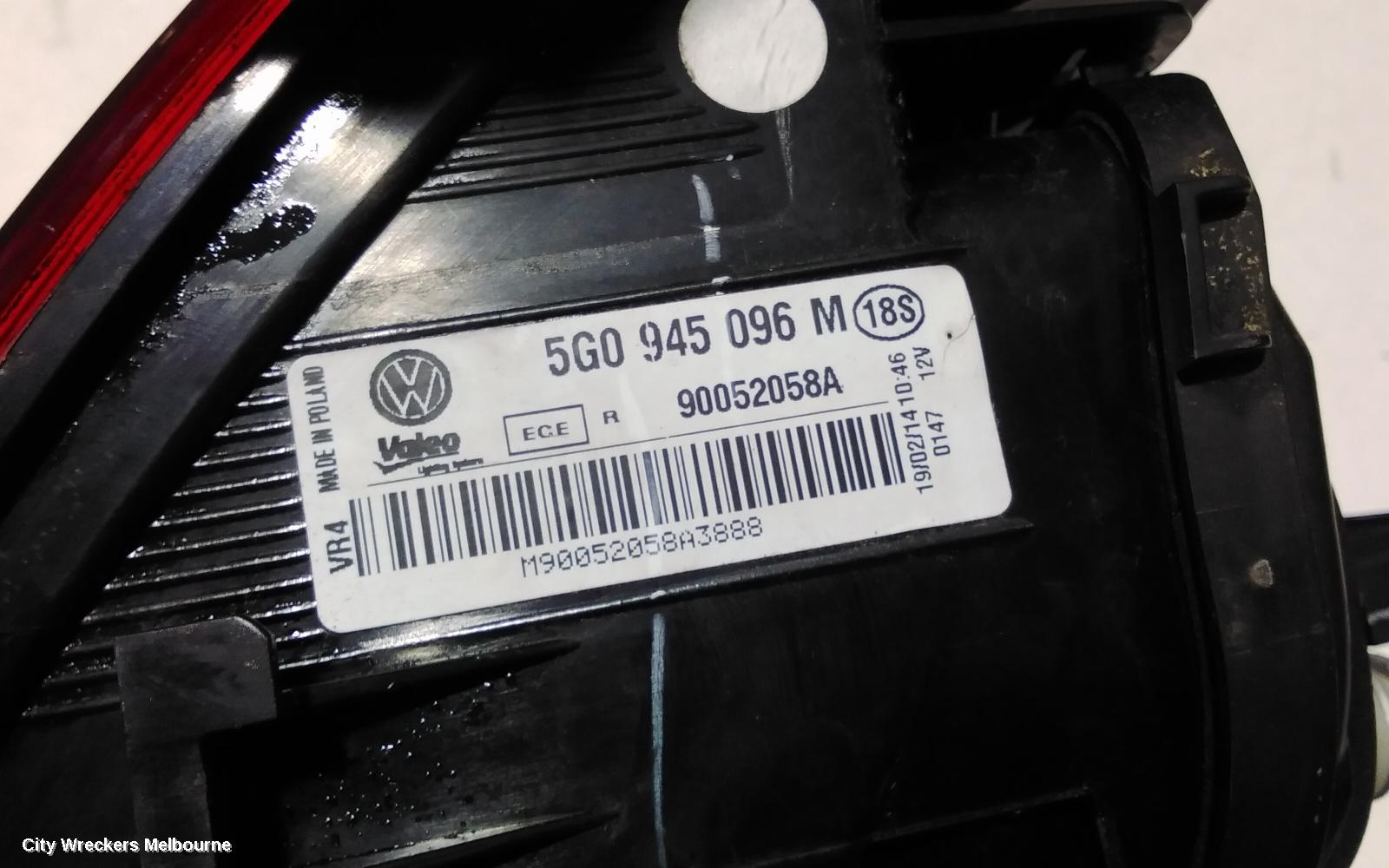 VOLKSWAGEN GOLF RIGHT TAILLIGHT, GEN 7, HATCH, STANDARD, NON LED TYPE, 03/2013 - 03/2017