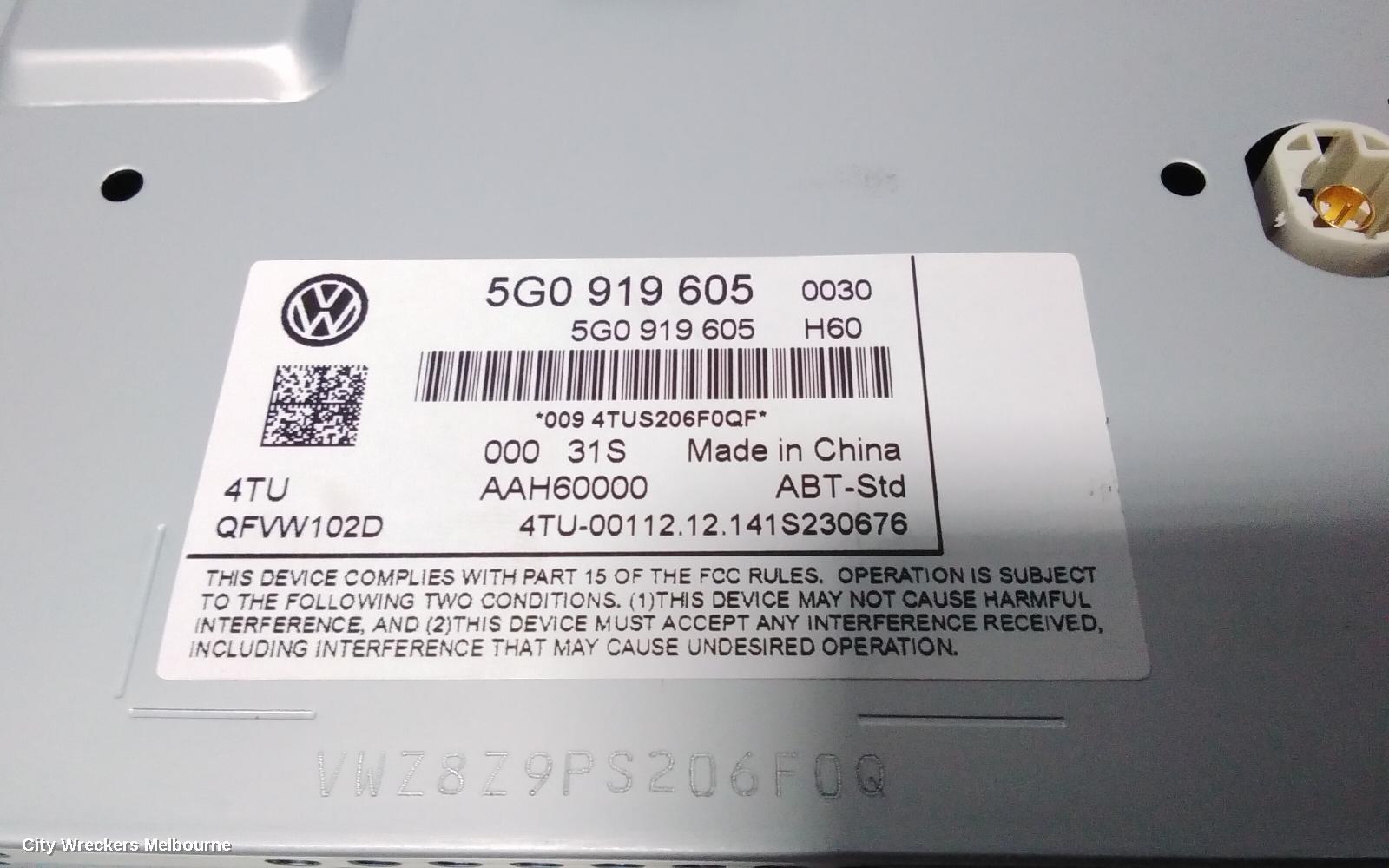 VOLKSWAGEN GOLF RADIO/CD/DVD/SAT/TV, DISPLAY SCREEN, 6.5IN, NON SAT NAV TYPE, GEN 7, 03/2013 - 03/2017