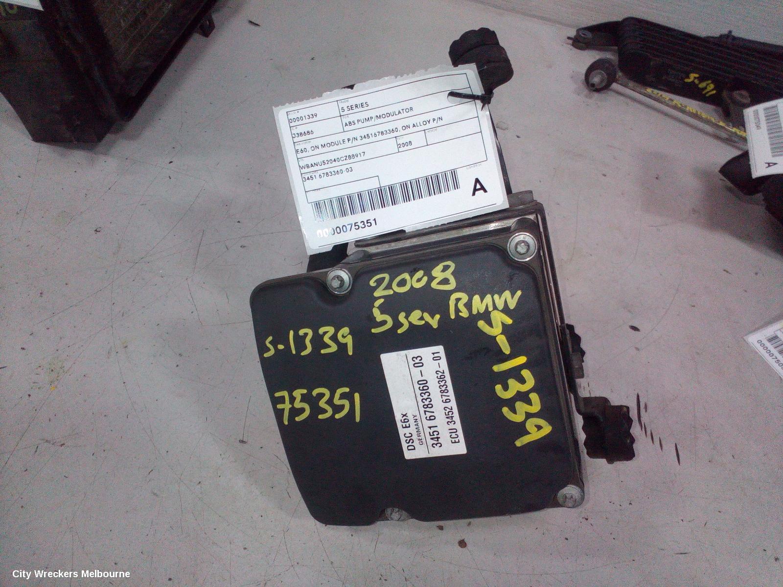 BMW 5 SERIES ABS PUMP/MODULATOR, E60, ON MODULE P/N 34516783360, ON ALLOY P/N 0265250217 P/N 34516774679, 10/2003 - 04/2010