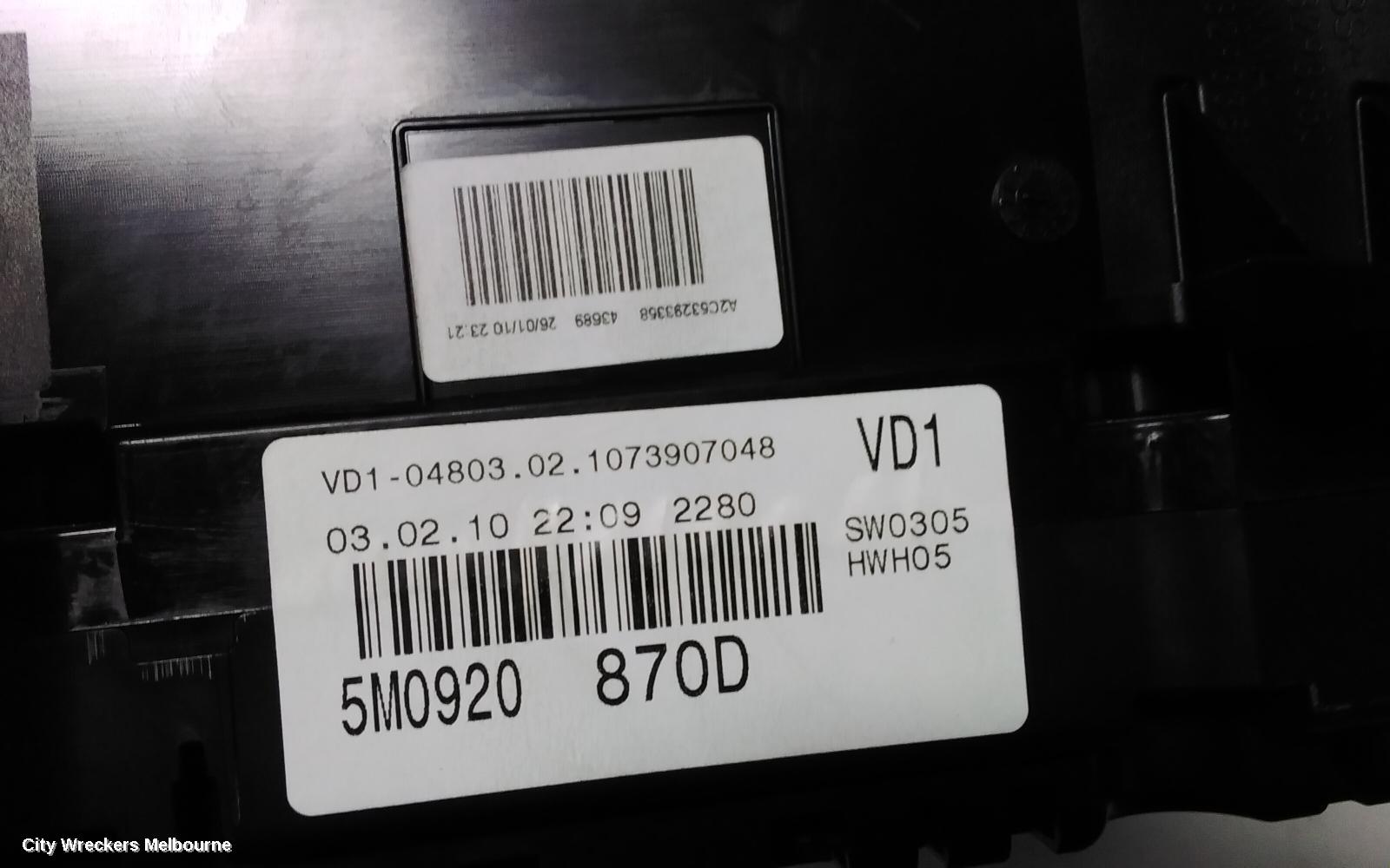 VOLKSWAGEN JETTA INSTRUMENT CLUSTER, PETROL, SPEEDO IS UP TO 240, 1KM, 02/2006 - 07/2011