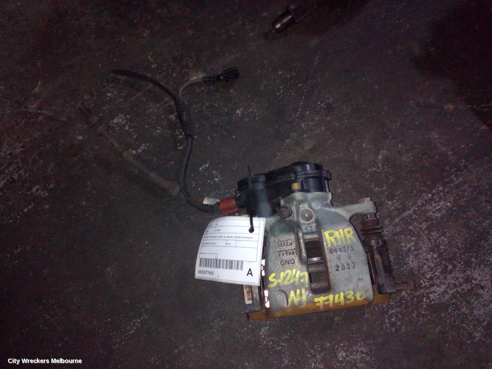 AUDI A4 CALIPER, RH REAR, TRW BRAND, SILVER, A4, B8 8K, SEDAN/WAGON, 02/2008 - 09/2015