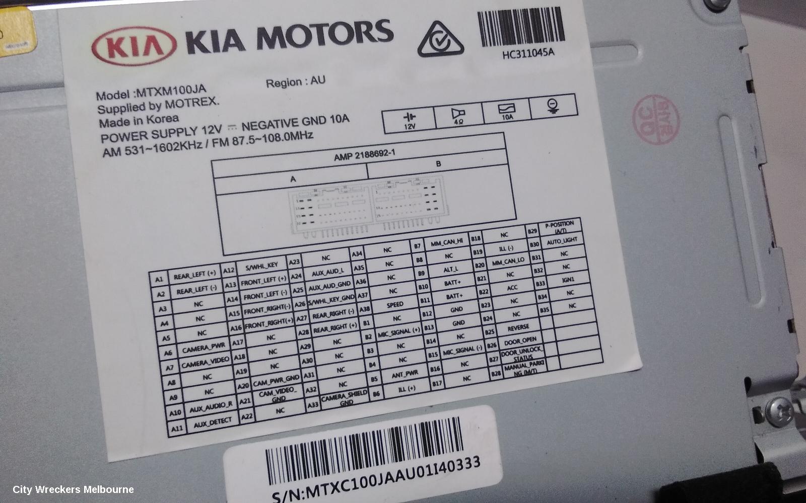 KIA PICANTO RADIO/CD/DVD/SAT/TV, DISPLAY UNIT, 7IN TOUCHSCREEN, JA, 05/2017 - 07/2020