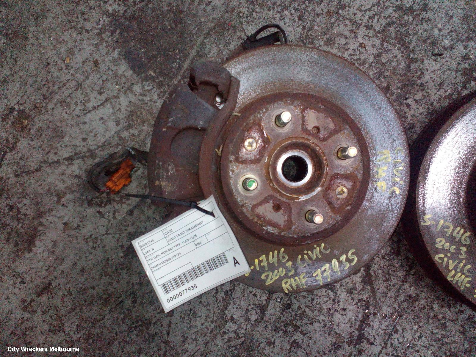 HONDA CIVIC RIGHT FRONT HUB ASSEMBLY, 7TH GEN, NON ABS TYPE, 11/2000 - 12/2005