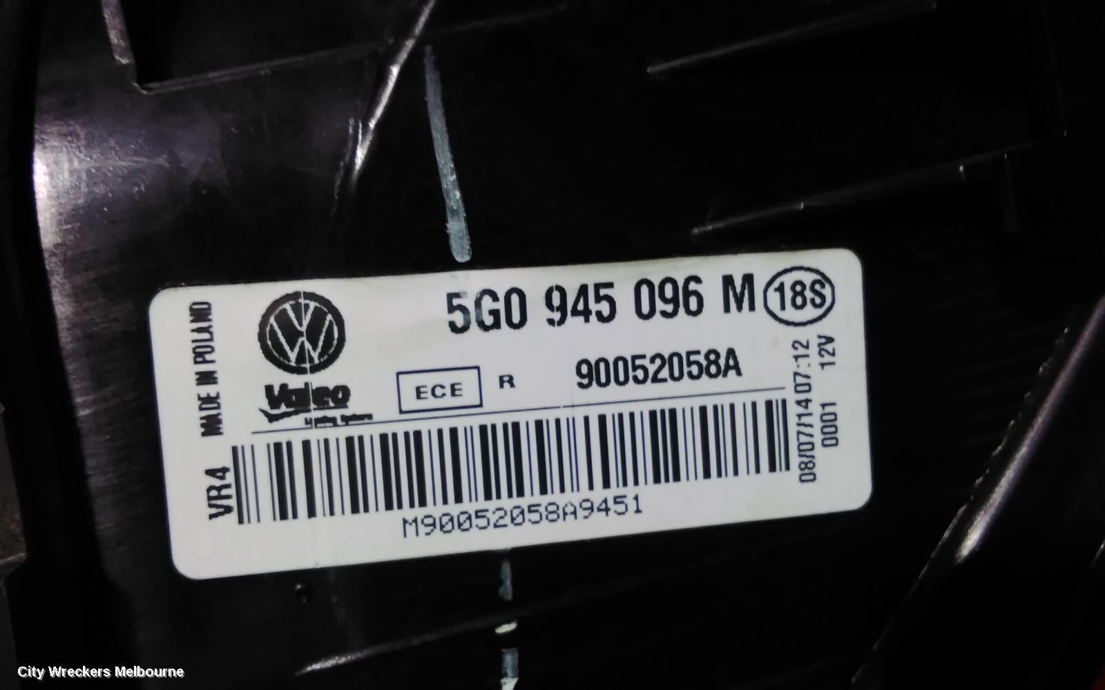 VOLKSWAGEN GOLF RIGHT TAILLIGHT, GEN 7, HATCH, STANDARD, NON LED TYPE, 03/2013 - 03/2017