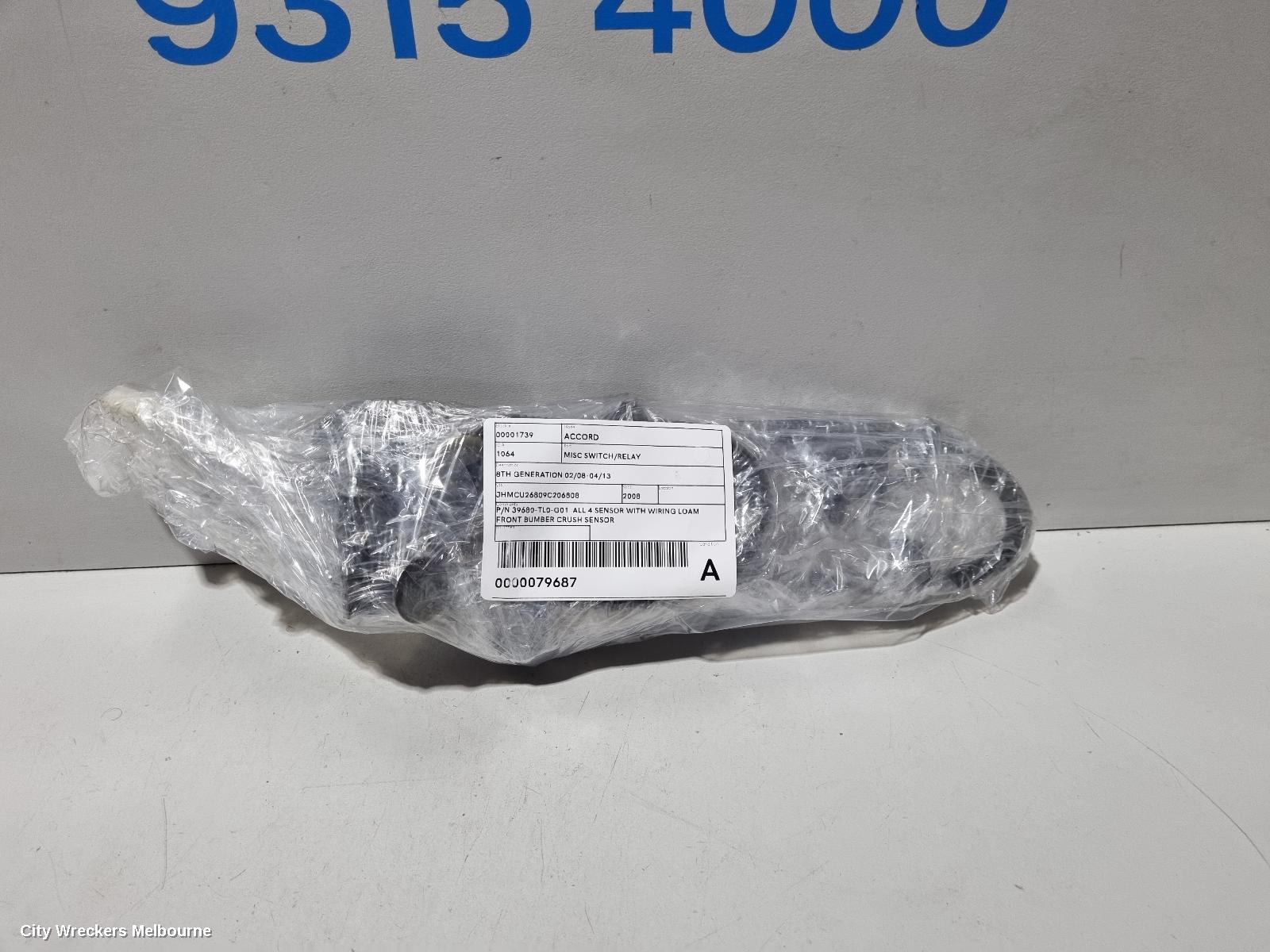 HONDA ACCORD, 8TH GENERATION 02/2008 - 04/2013, P/N 39680-TL0-G01  ALL 4 SENSOR WITH WIRING LOAM  FRONT BUMBER CRUSH SENSOR: 79687