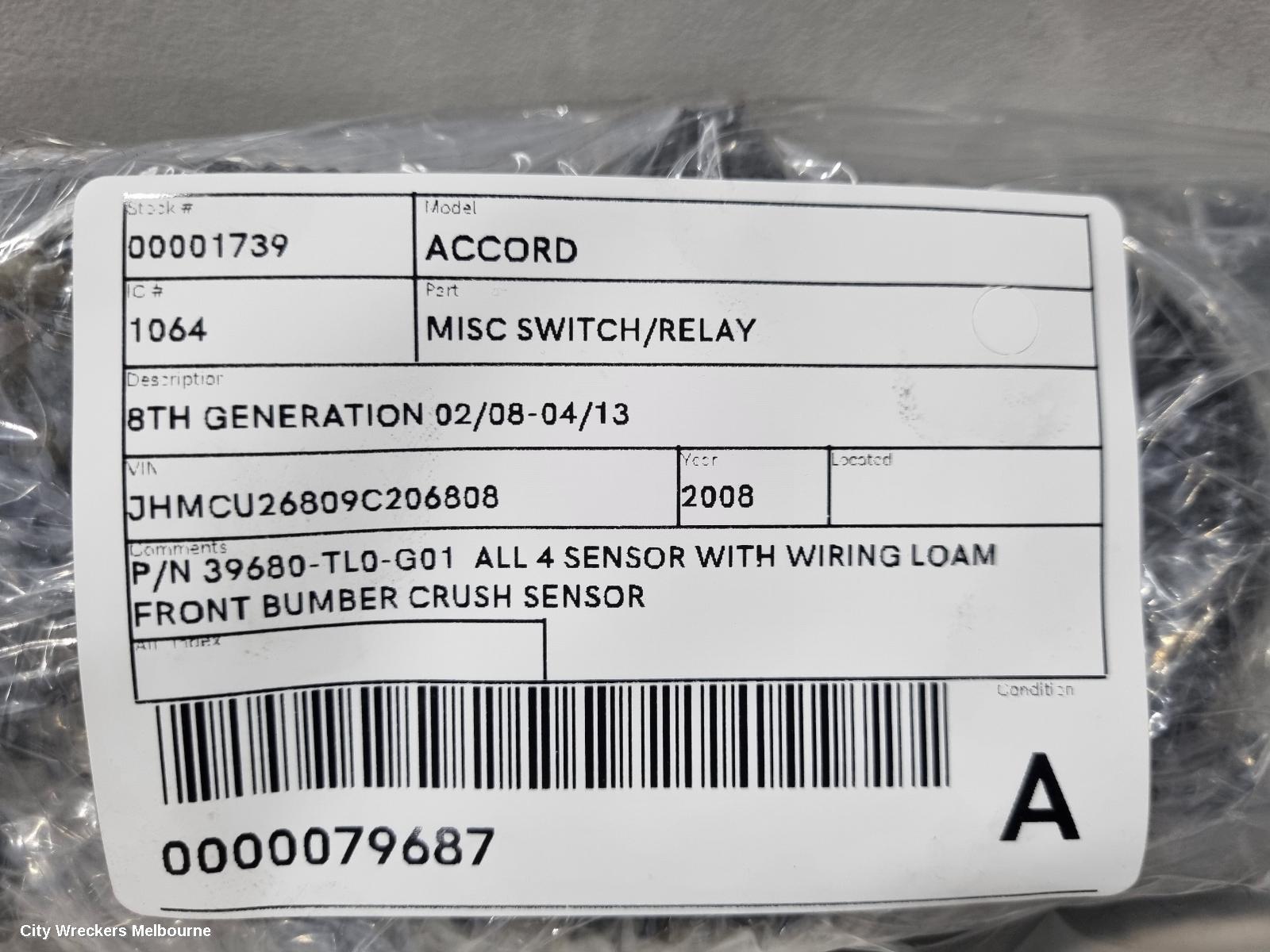 HONDA ACCORD, 8TH GENERATION 02/2008 - 04/2013, P/N 39680-TL0-G01  ALL 4 SENSOR WITH WIRING LOAM  FRONT BUMBER CRUSH SENSOR: 79687