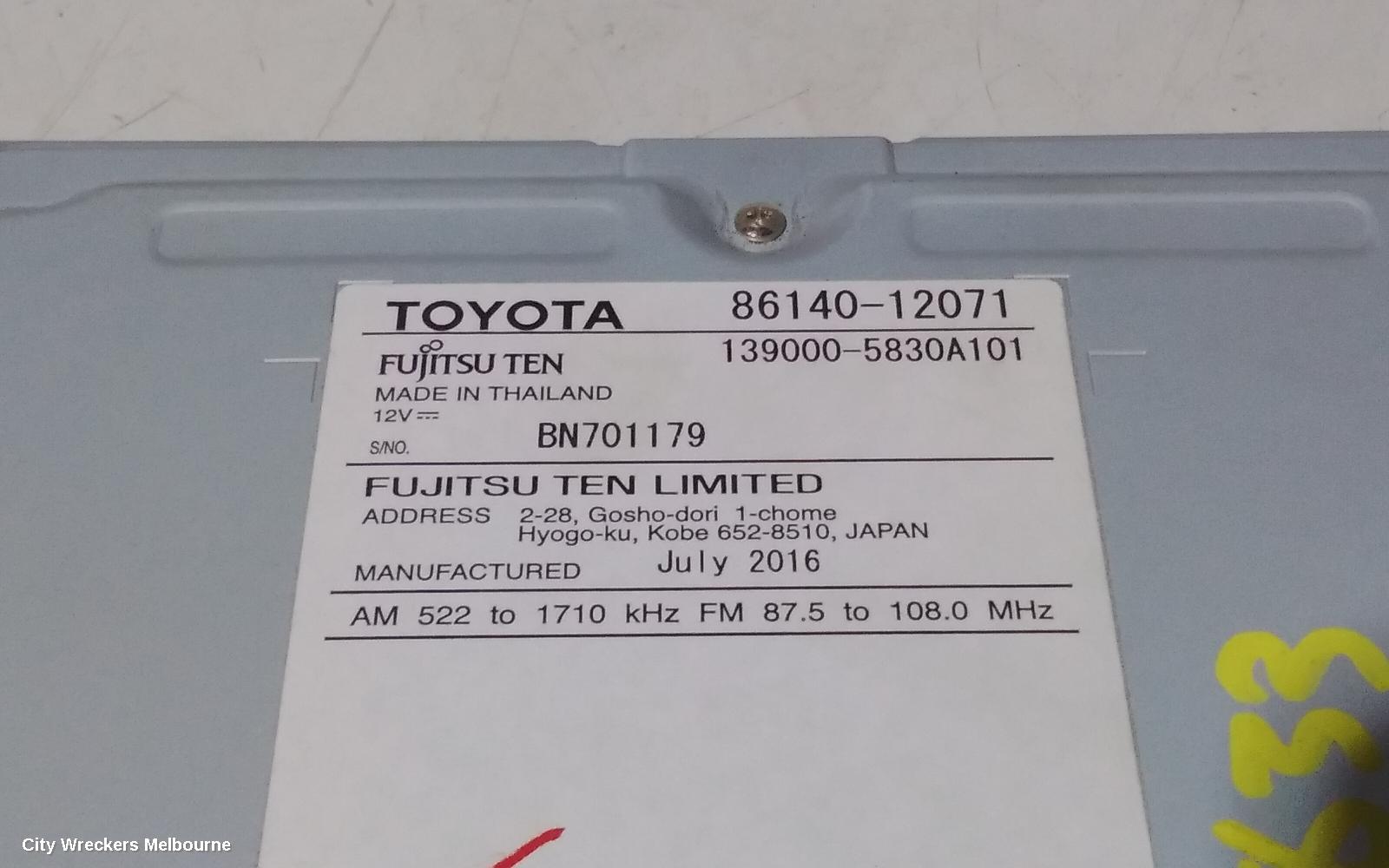 TOYOTA COROLLA RADIO/CD/DVD/SAT/TV, 6.1IN TOUCHSCREEN (P/N ON FACE 100523), ZRE182R, HATCH, 03/2015 - 06/2018