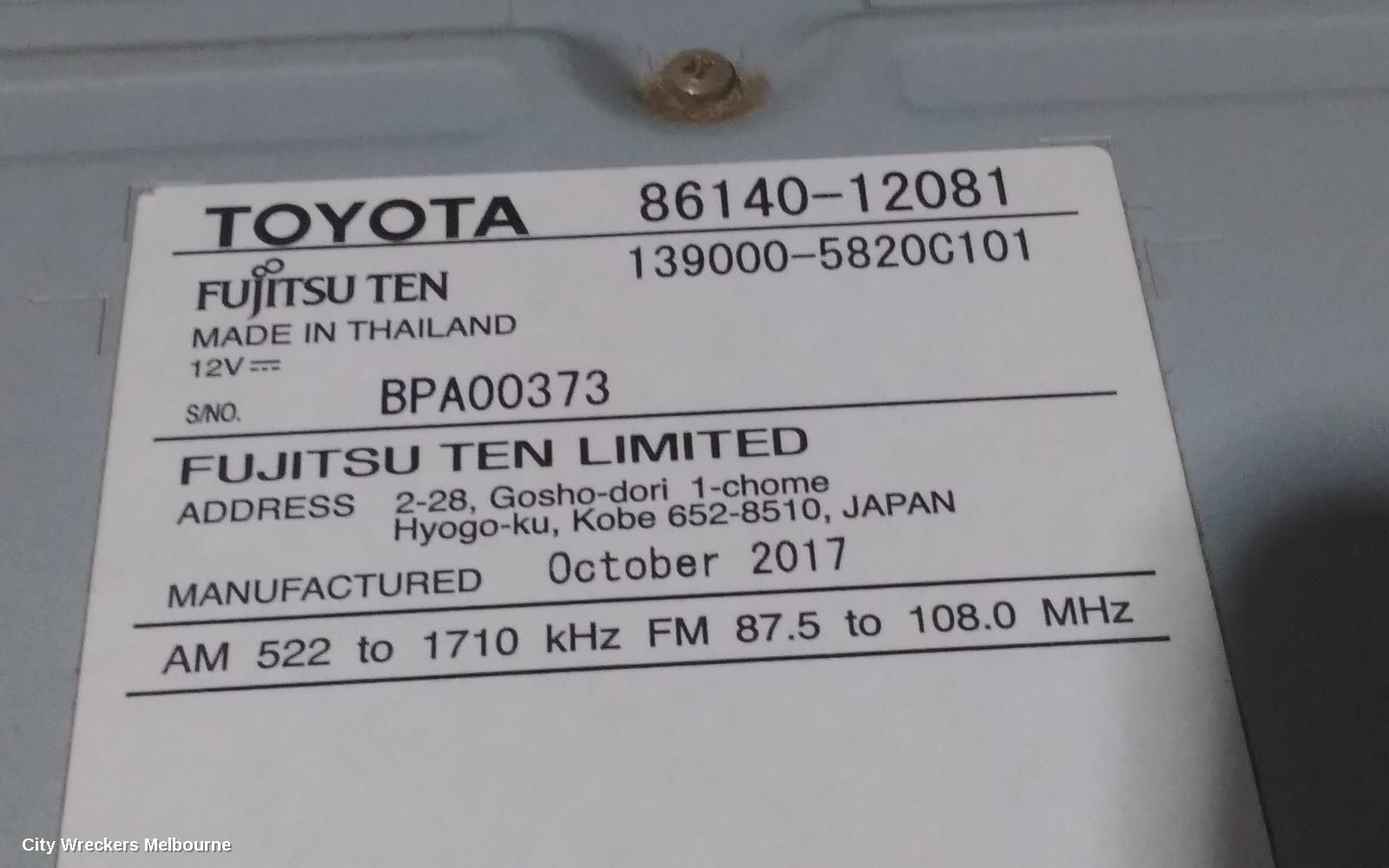 TOYOTA COROLLA RADIO/CD/DVD/SAT/TV, 6.1IN TOUCHSCREEN (P/N ON FACE 100181), ZRE182R, HATCH, 10/2012 - 03/2015