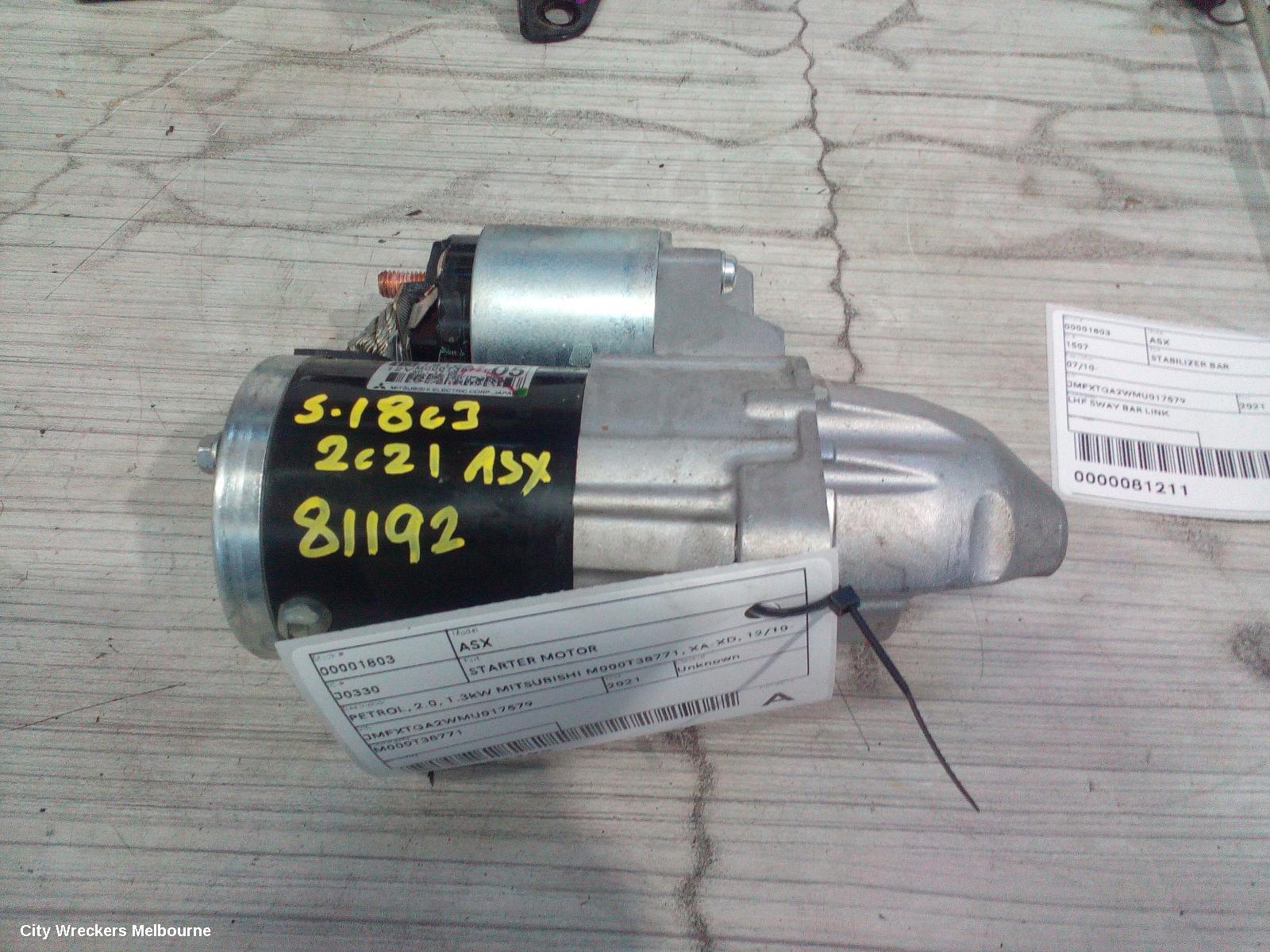 MITSUBISHI ASX STARTER, PETROL, 2.0, 1.3KW MITSUBISHI M000T38771, XA-XD, 12/2010 ONWARDS