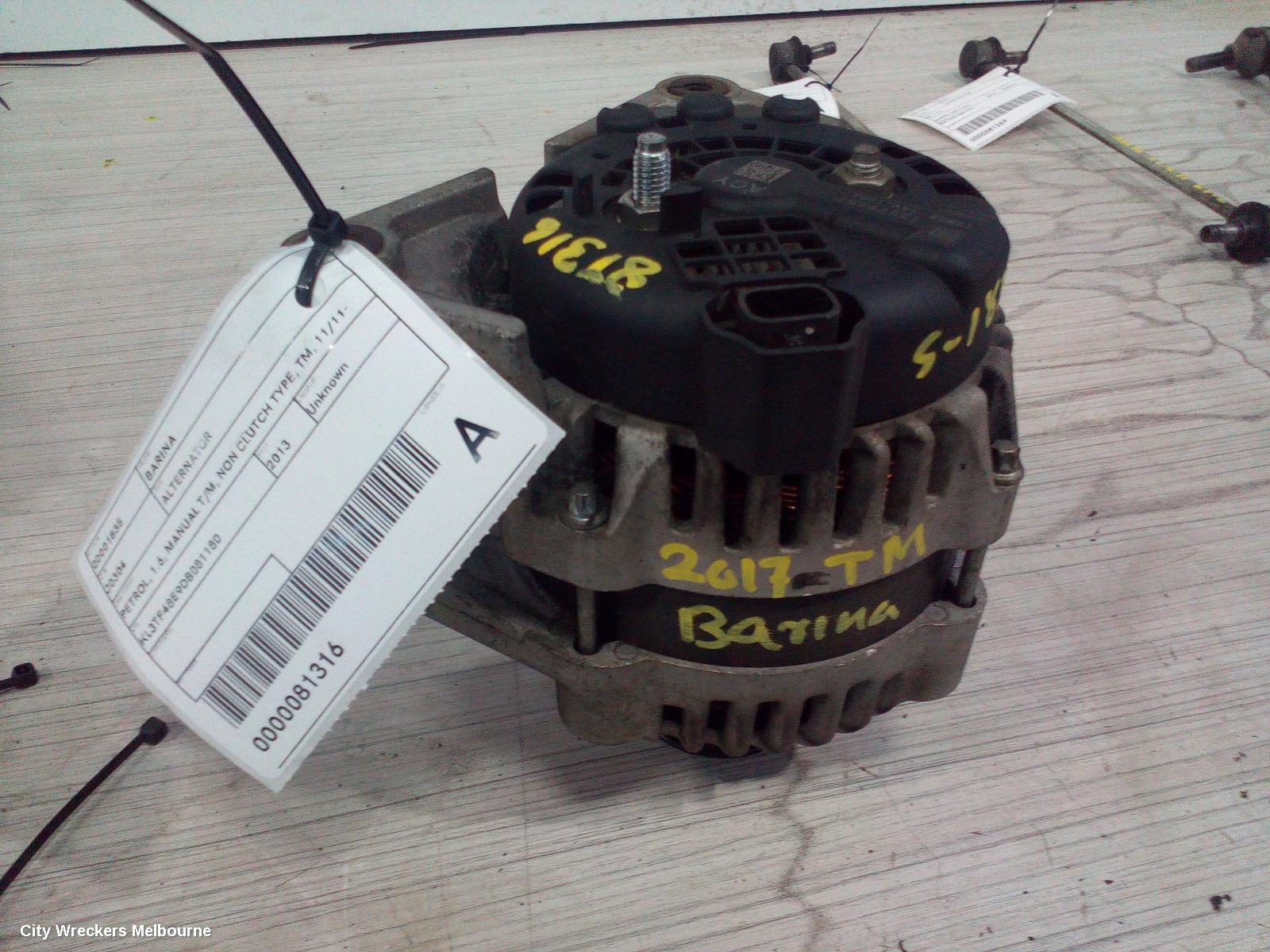 HOLDEN BARINA ALTERNATOR, PETROL, 1.6, MANUAL T/M, NON CLUTCH TYPE, TM, 11/2011 - 12/2018