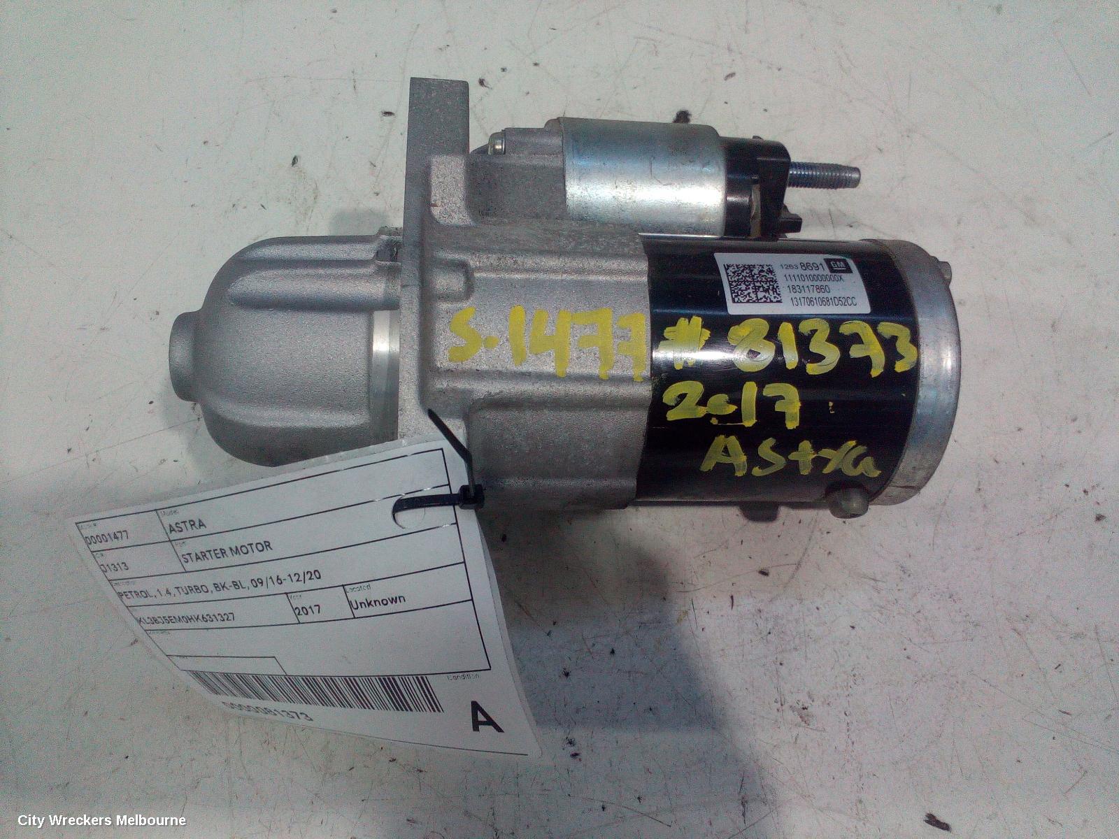 HOLDEN ASTRA STARTER, PETROL, 1.4, TURBO, BK-BL, 09/2016 - 12/2020