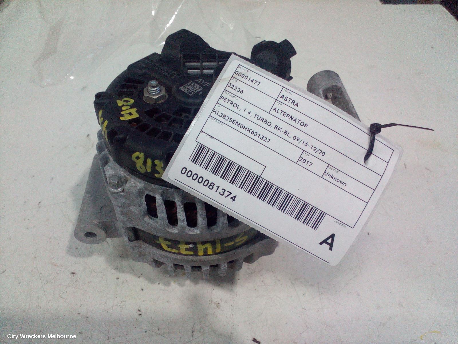 HOLDEN ASTRA ALTERNATOR, PETROL, 1.4, TURBO, BK-BL, 09/2016 - 12/2020