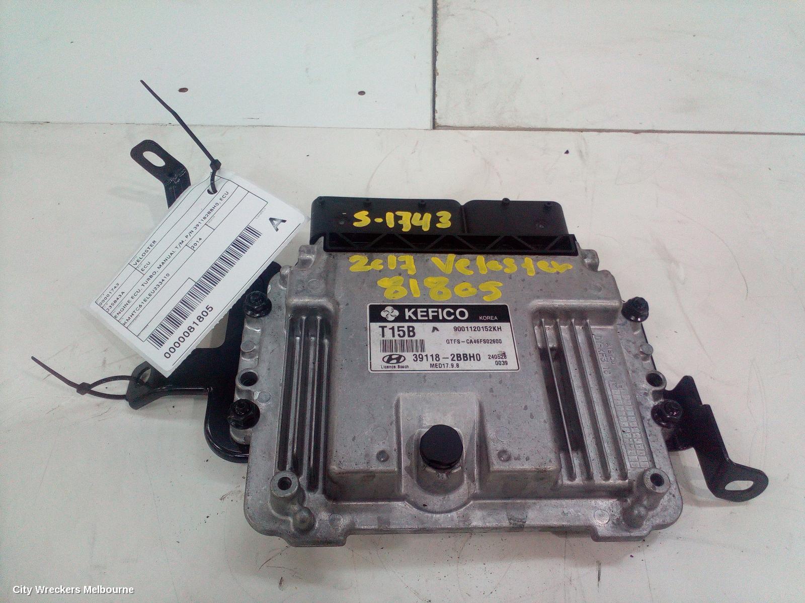 HYUNDAI VELOSTER ECU, ENGINE ECU, TURBO, MANUAL T/M, P/N 391182BBH0, ECU ONLY, FS, 07/2012 - 04/2015